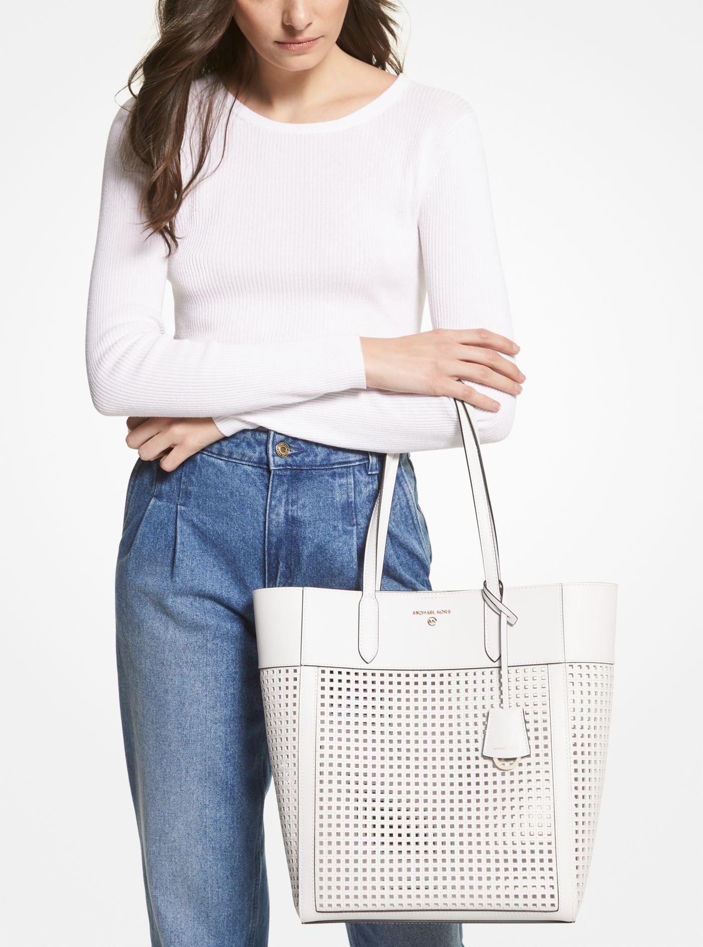Michael Kors Sinclair Large Perforated Leather Tote Bag in White | Lyst