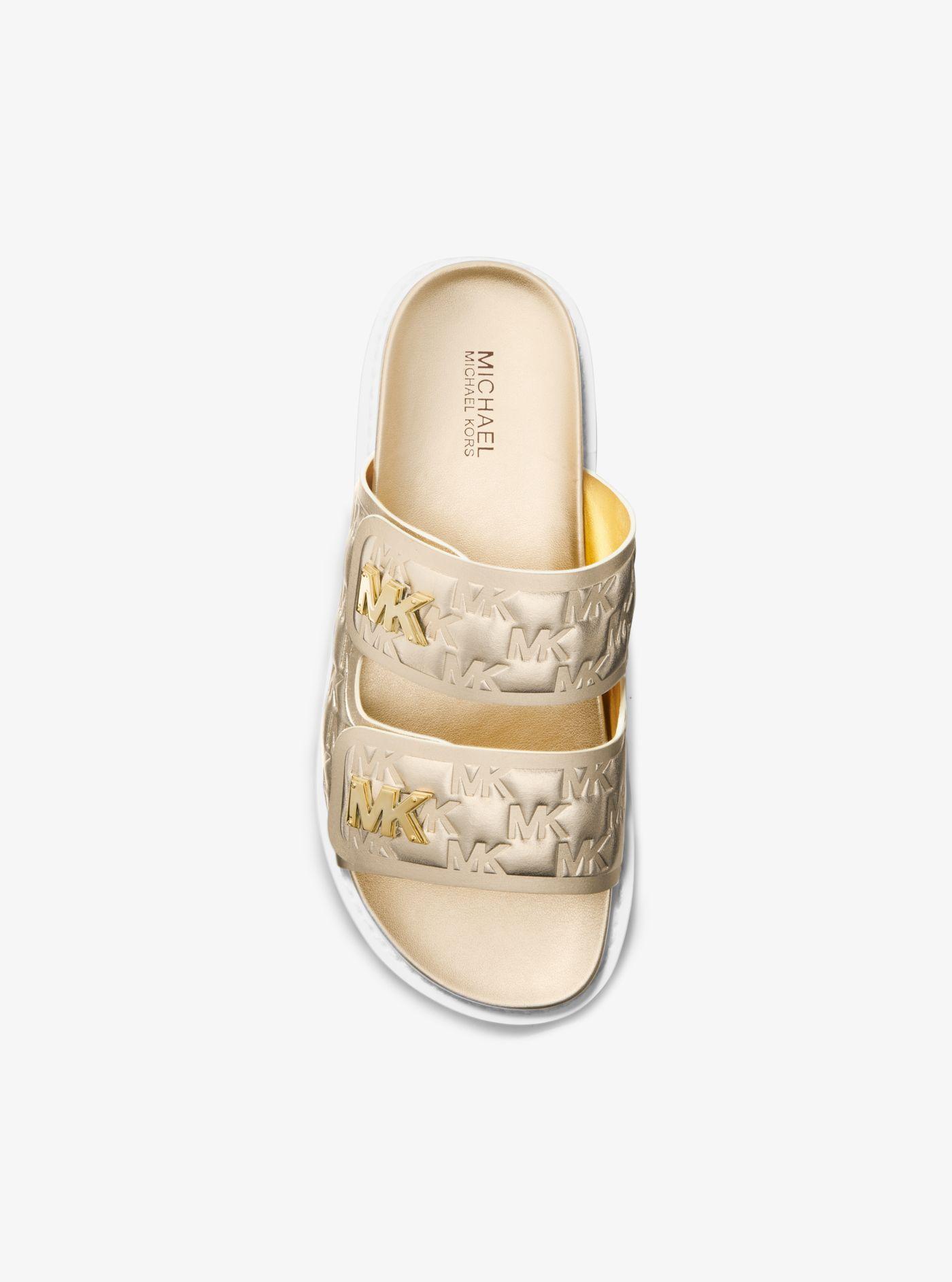 Michael Kors Stark Metallic Logo Embossed Faux Leather Slide Sandal | Lyst