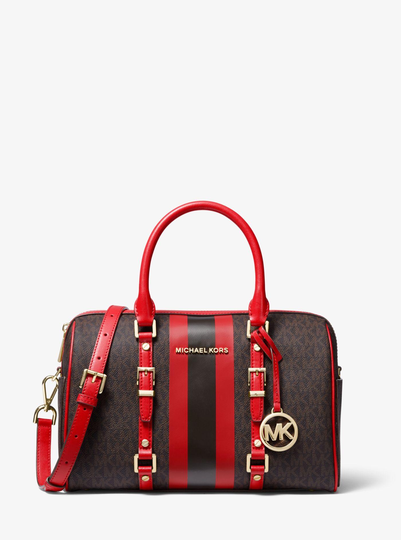 Michael Kors Bedford Travel Medium Logo Stripe Satchel in Red Save 1