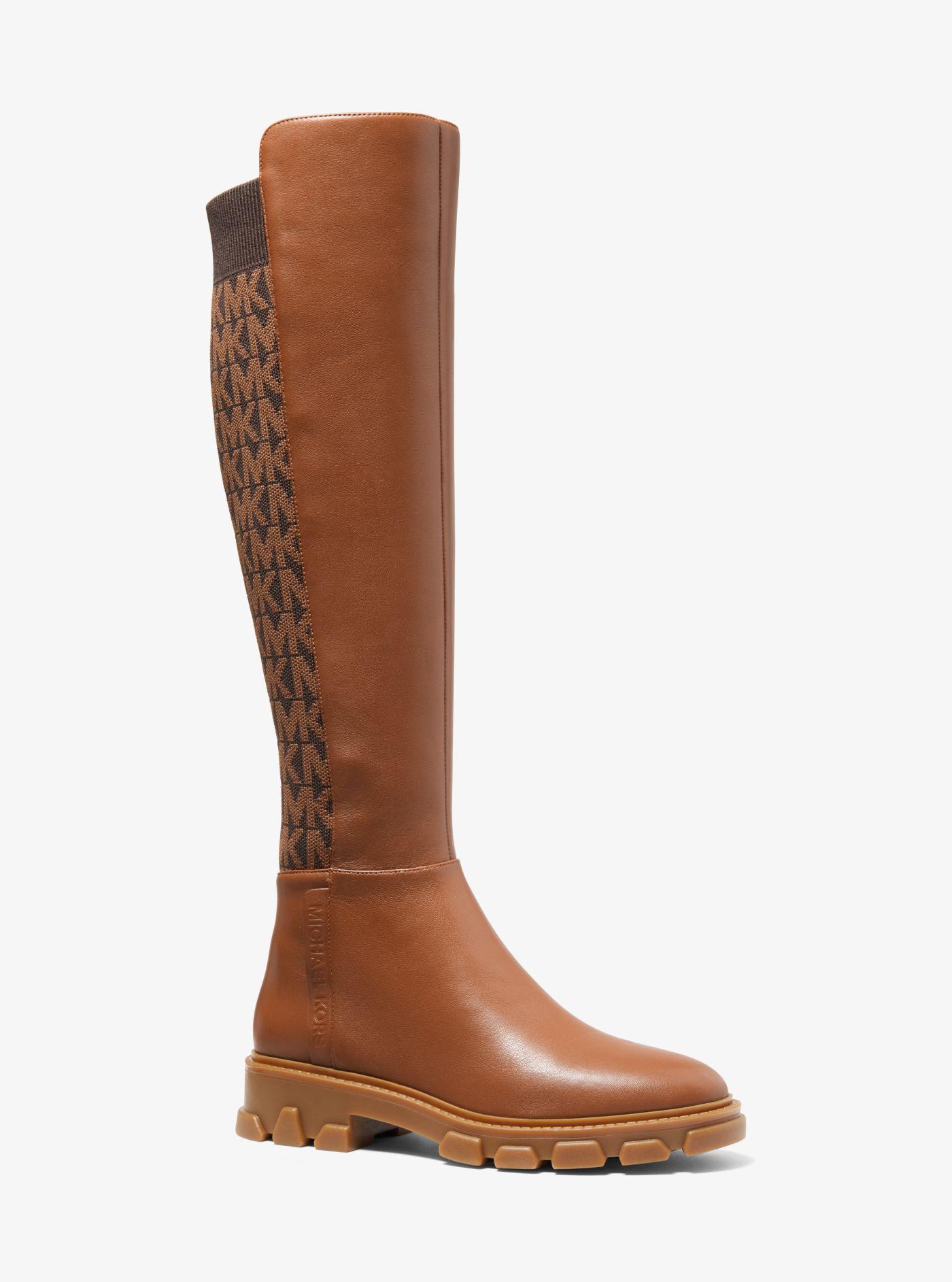 Michael Kors Ridley Leather And Logo Jacquard Knee Boot in Brown | Lyst