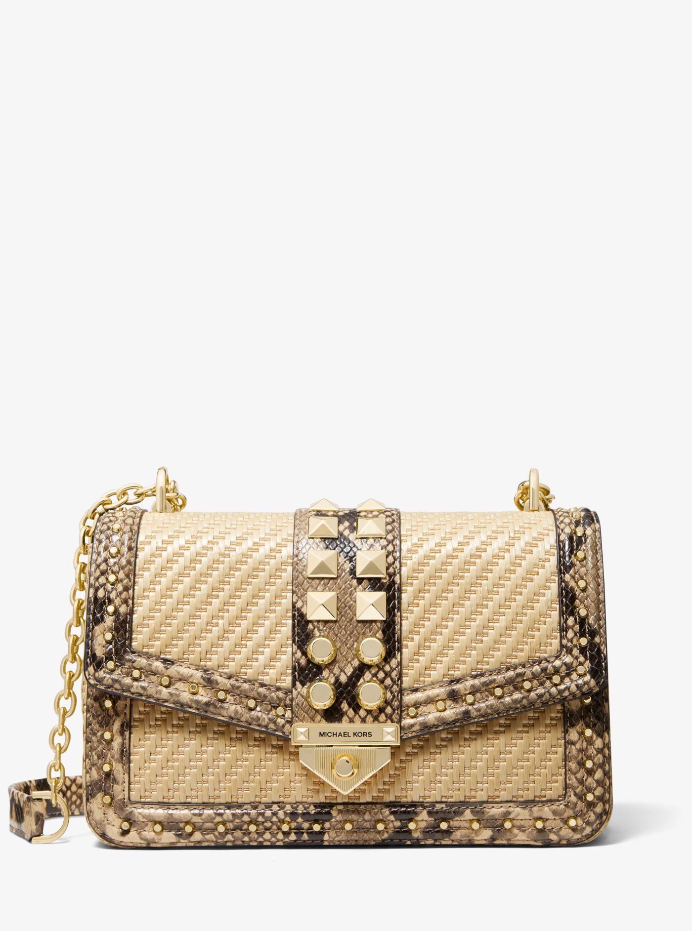 soho large studded snake embossed leather and logo shoulder bag