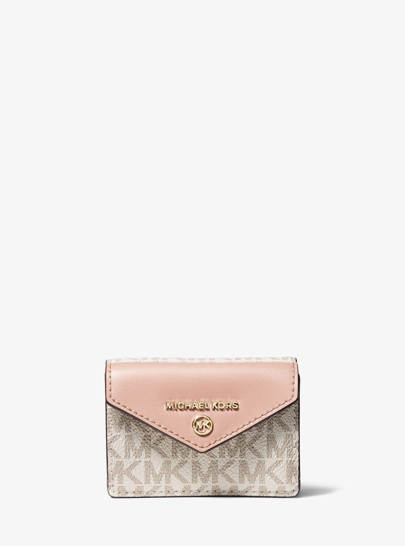 Michael Kors Jet Set Charm Small Logo And Leather Envelope Trifold Wallet  in Natural | Lyst