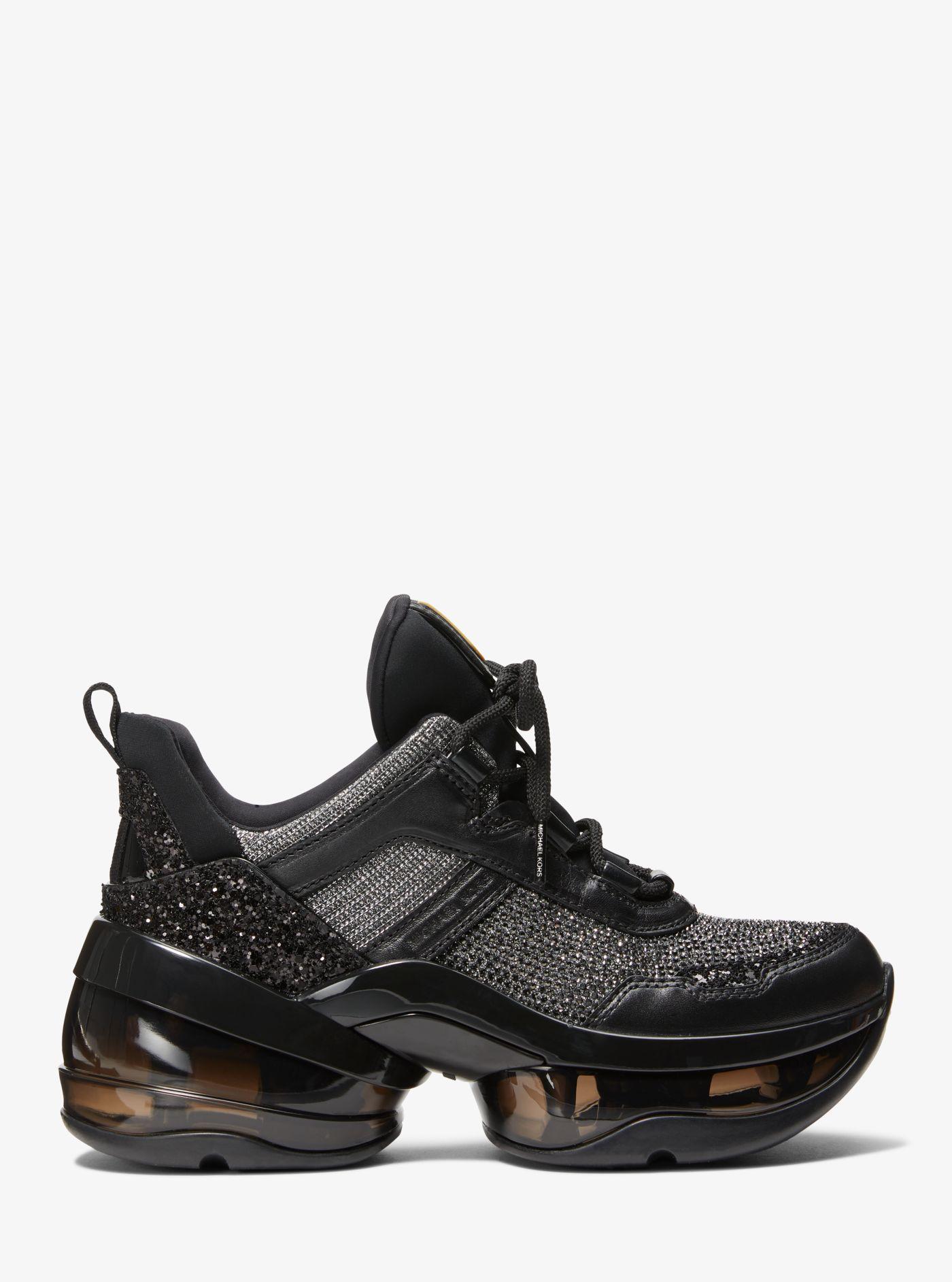 Michael Kors Olympia Extreme Embellished Leather And Glitter Chain-mesh  Trainer in Black | Lyst