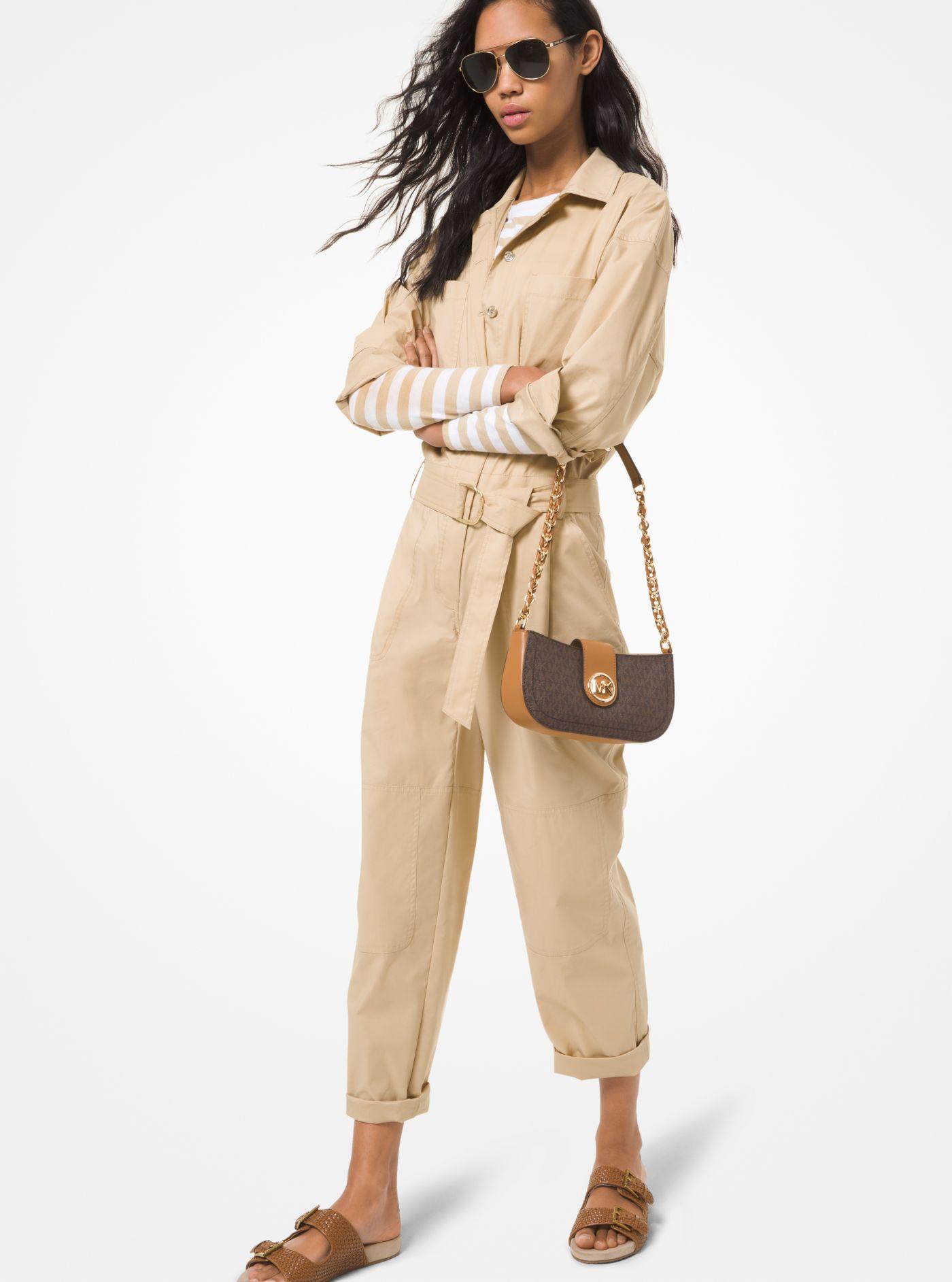 Michael Kors Mk Stretch Cotton Poplin Belted Jumpsuit in Natural | Lyst