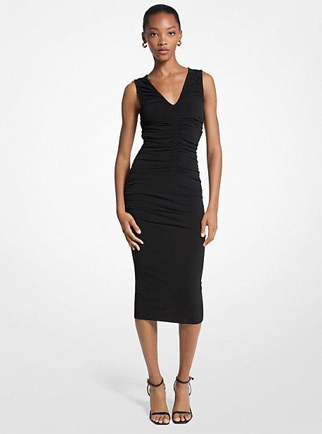 michael kors ruched midi dress Michael Kors Plus Sleeveless Center Front Ruched Midi Dress in Black, Size  1X