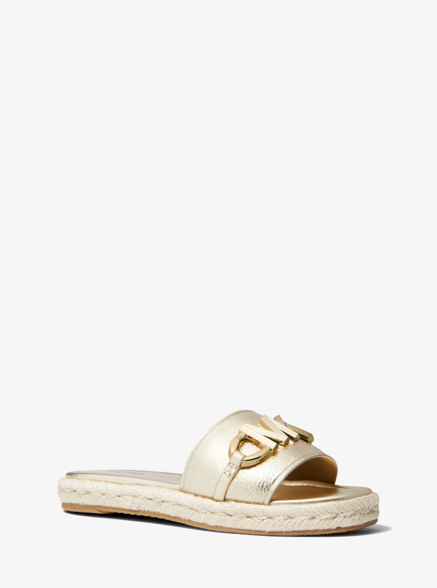 Michael Kors Izzy Logo Embellished Metallic Faux Leather Slide Sandal