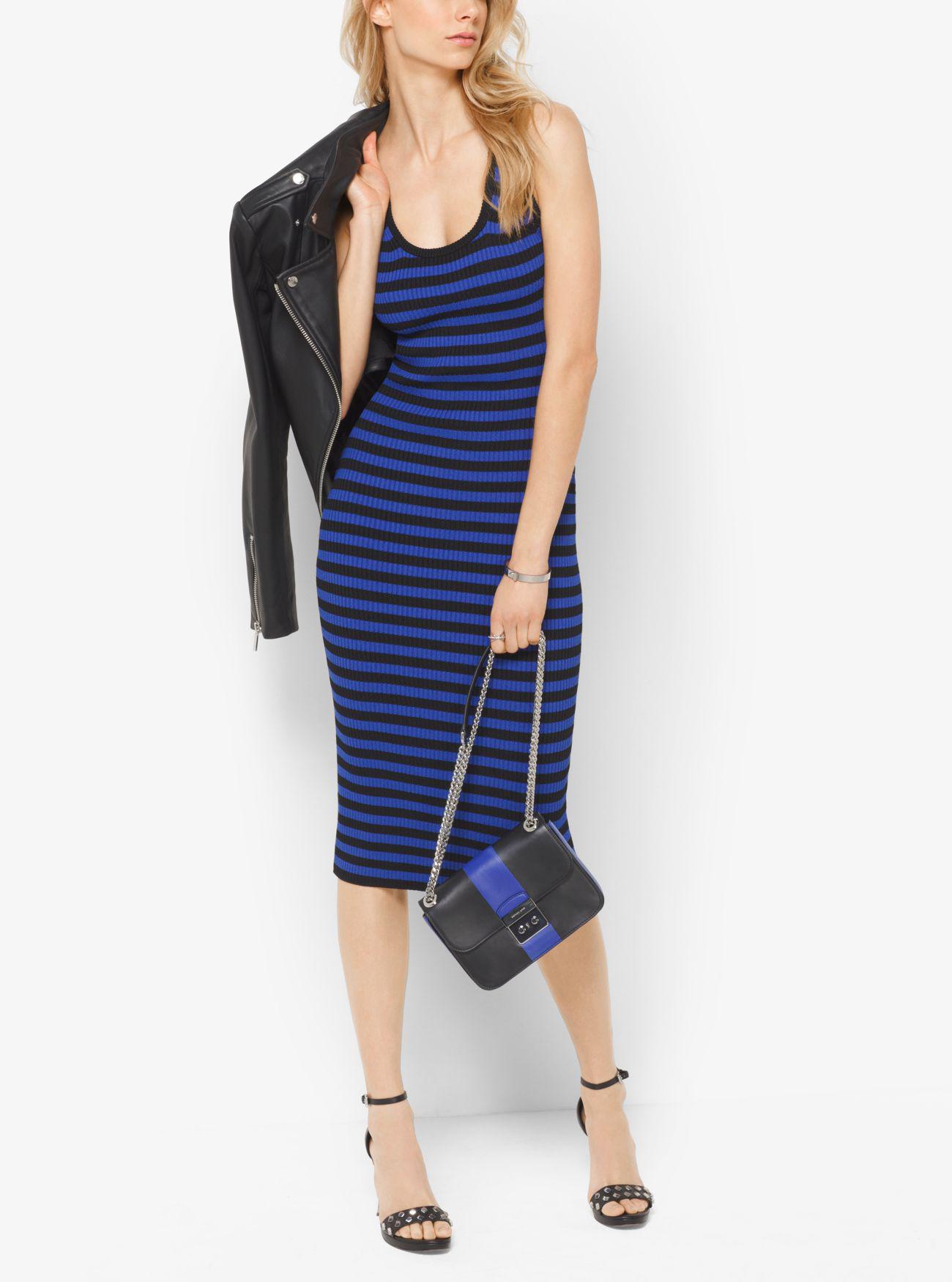 Michael Kors Leather Striped Ribbed Tank Dress in Blue - Lyst