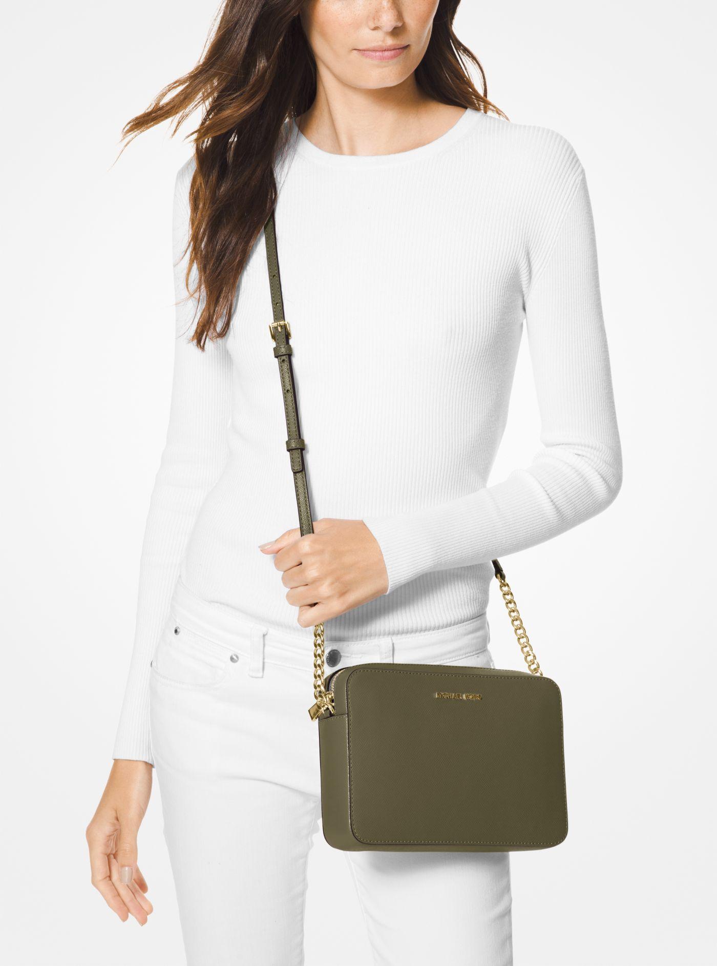 Michael Kors Jet Set Large Saffiano Leather Crossbody Bag in Olive (Green)  | Lyst