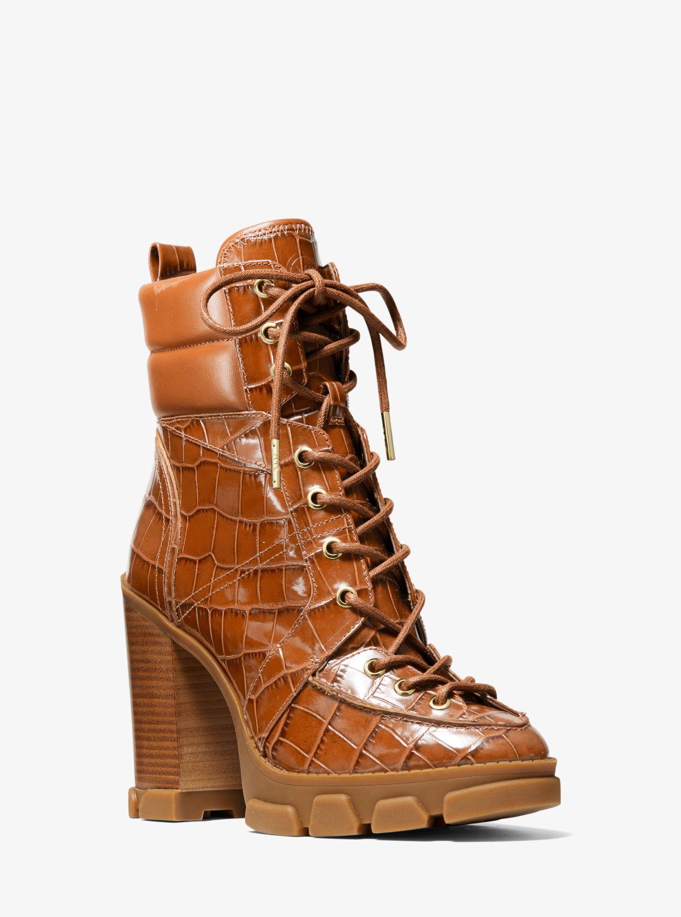 Michael Kors Ridley Crocodile Embossed Leather Lace-up Boot in Brown | Lyst