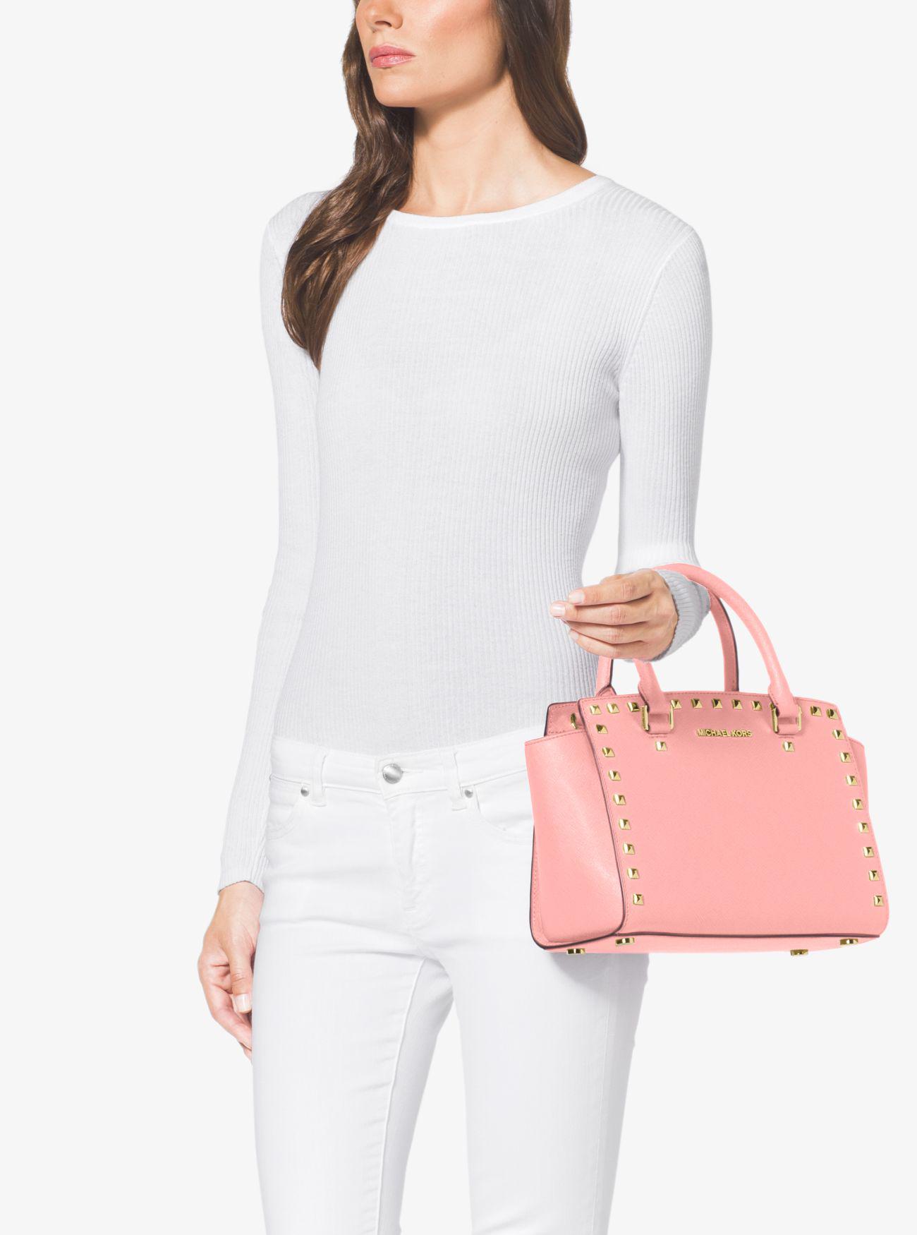 Michael Kors Selma Medium Studded Saffiano Leather Satchel in Pink | Lyst