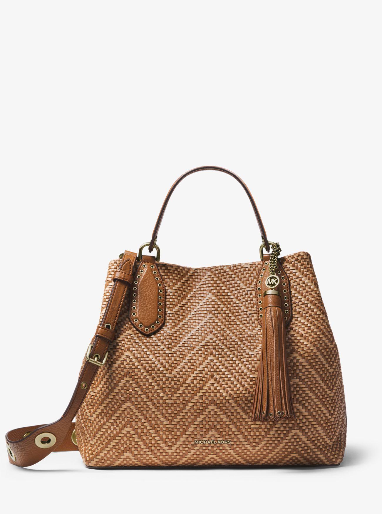 Michael Kors Brooklyn Large Woven Leather Satchel in Brown - Lyst