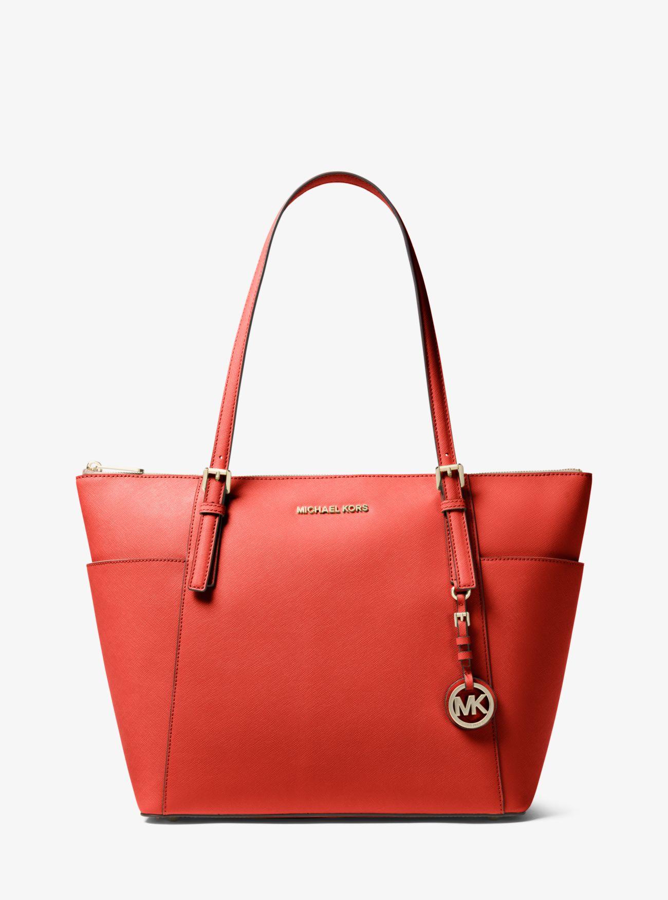 Michael Kors Jet Set Large Saffiano Leather Top-zip Tote Bag in Coral ...