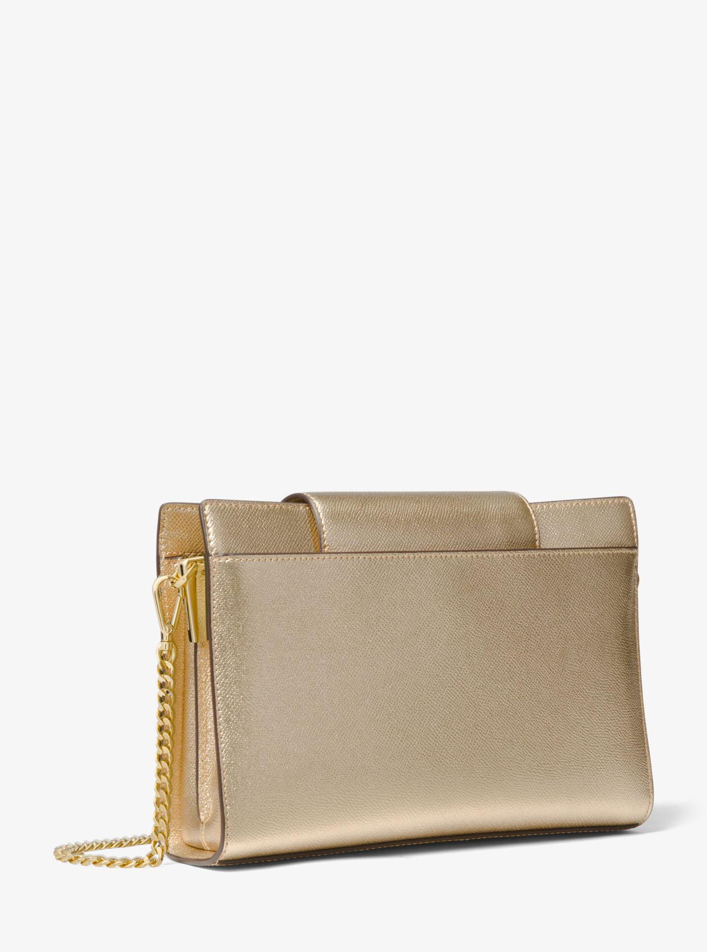 large metallic crossgrain leather crossbody clutch