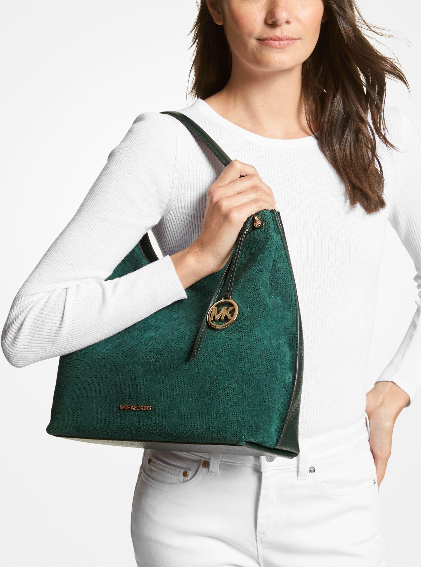 Michael Kors Joan Large Logo Perforated Suede Shoulder Bag in Green | Lyst