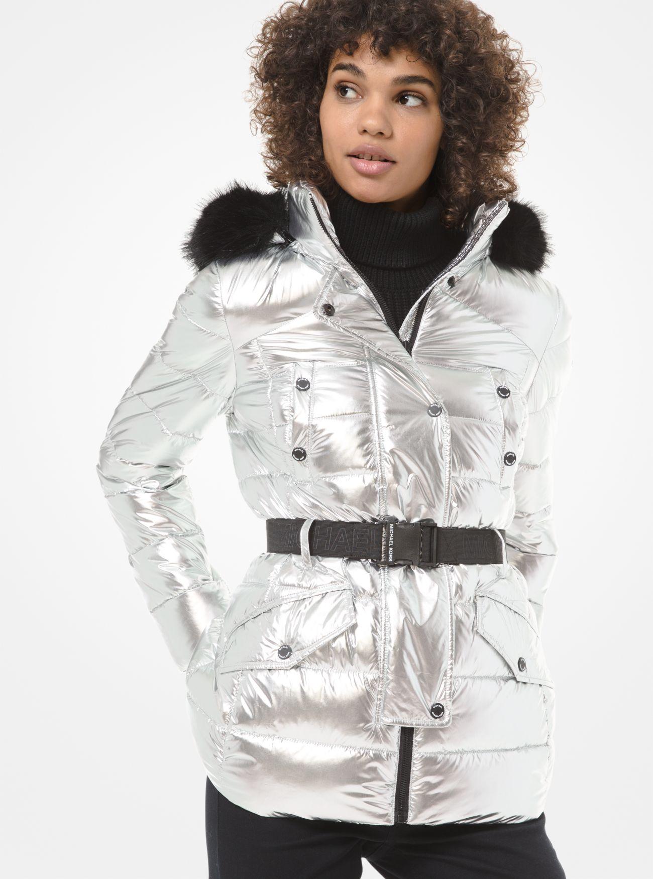 belted parka with fur hood