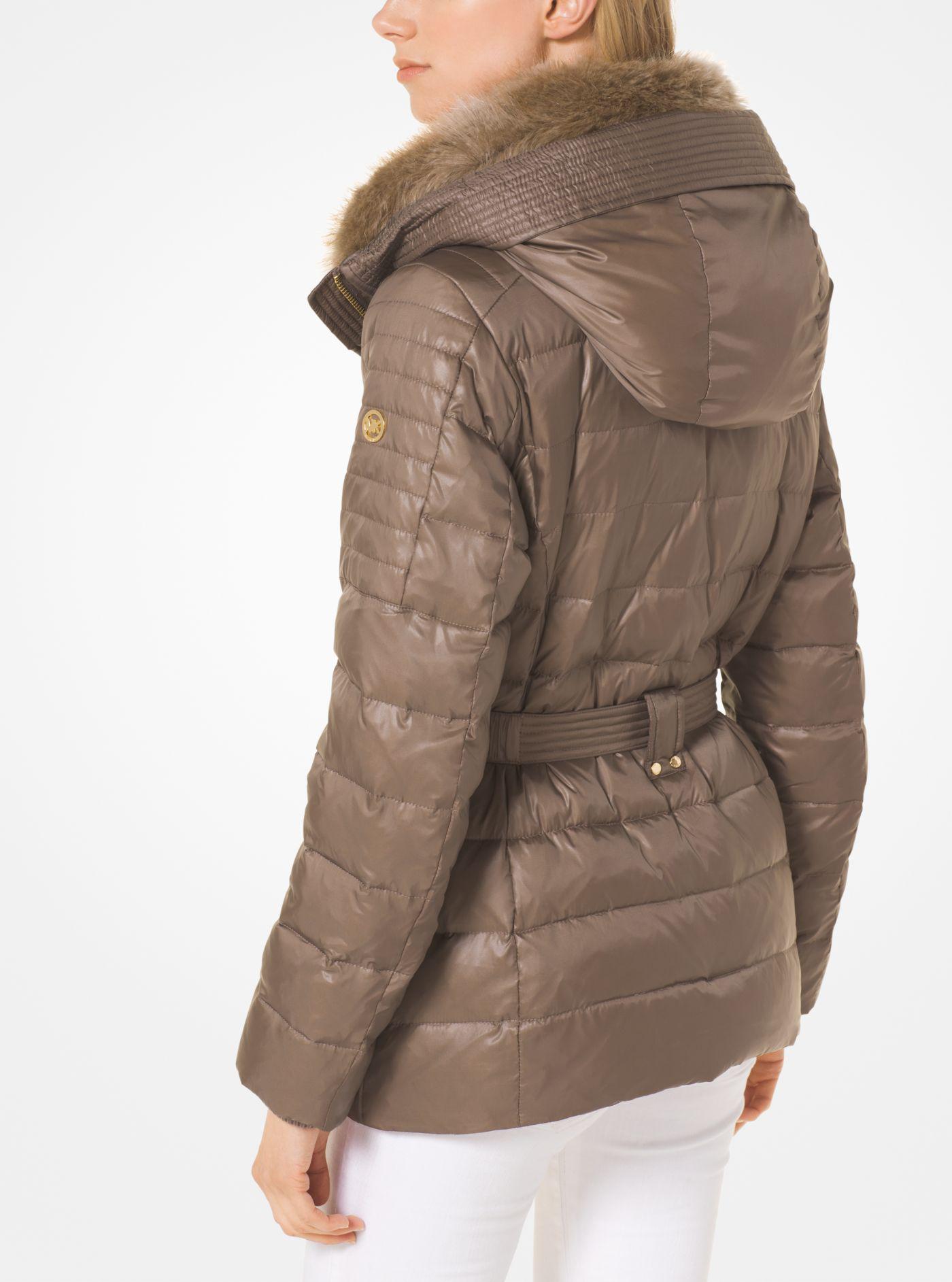 Michael Kors Quilted Down And Faux Fur Puffer Jacket in Taupe 