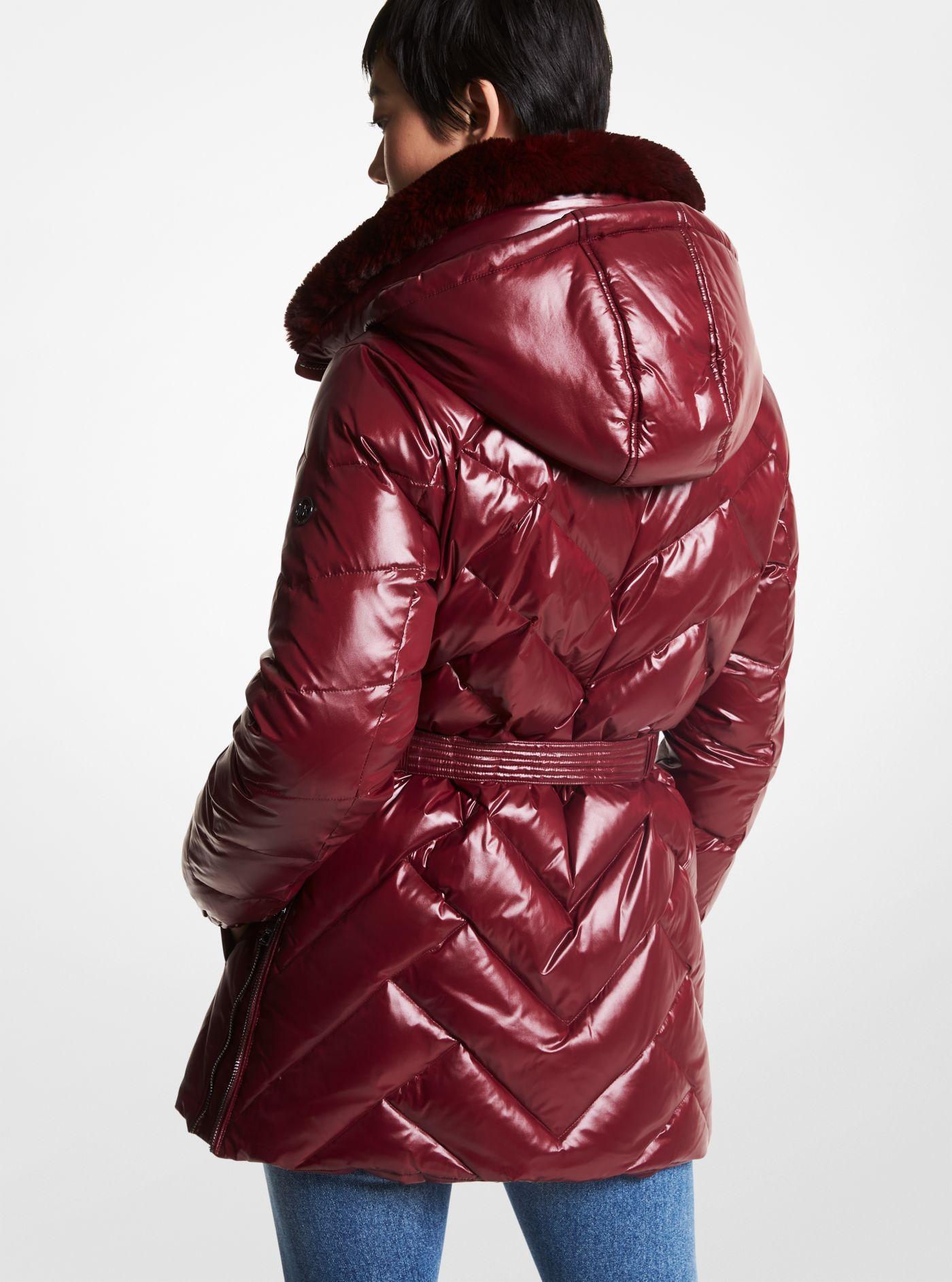 Michael Kors Faux Fur Trim Chevron Quilted Nylon Belted Puffer Coat in Red  | Lyst