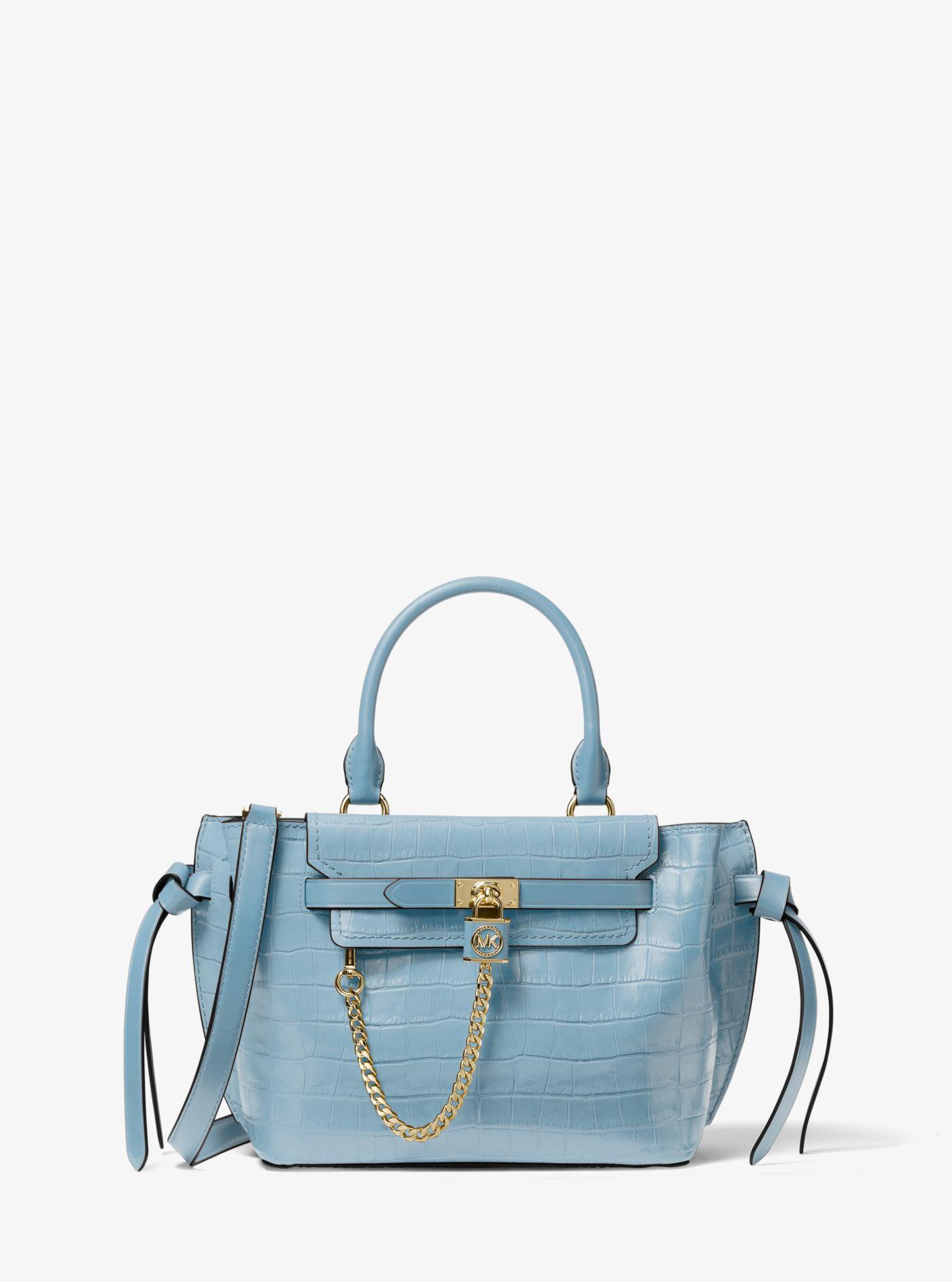 Voorrecht slepen Portugees Michael Kors Hamilton Legacy Small Crocodile Embossed Leather Belted  Satchel in Blue | Lyst