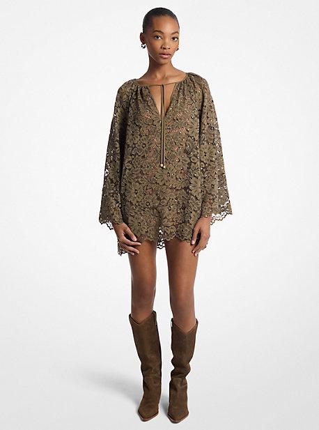 Michael Kors Mk Studded Corded Floral Lace V-Neck Dress in Natural