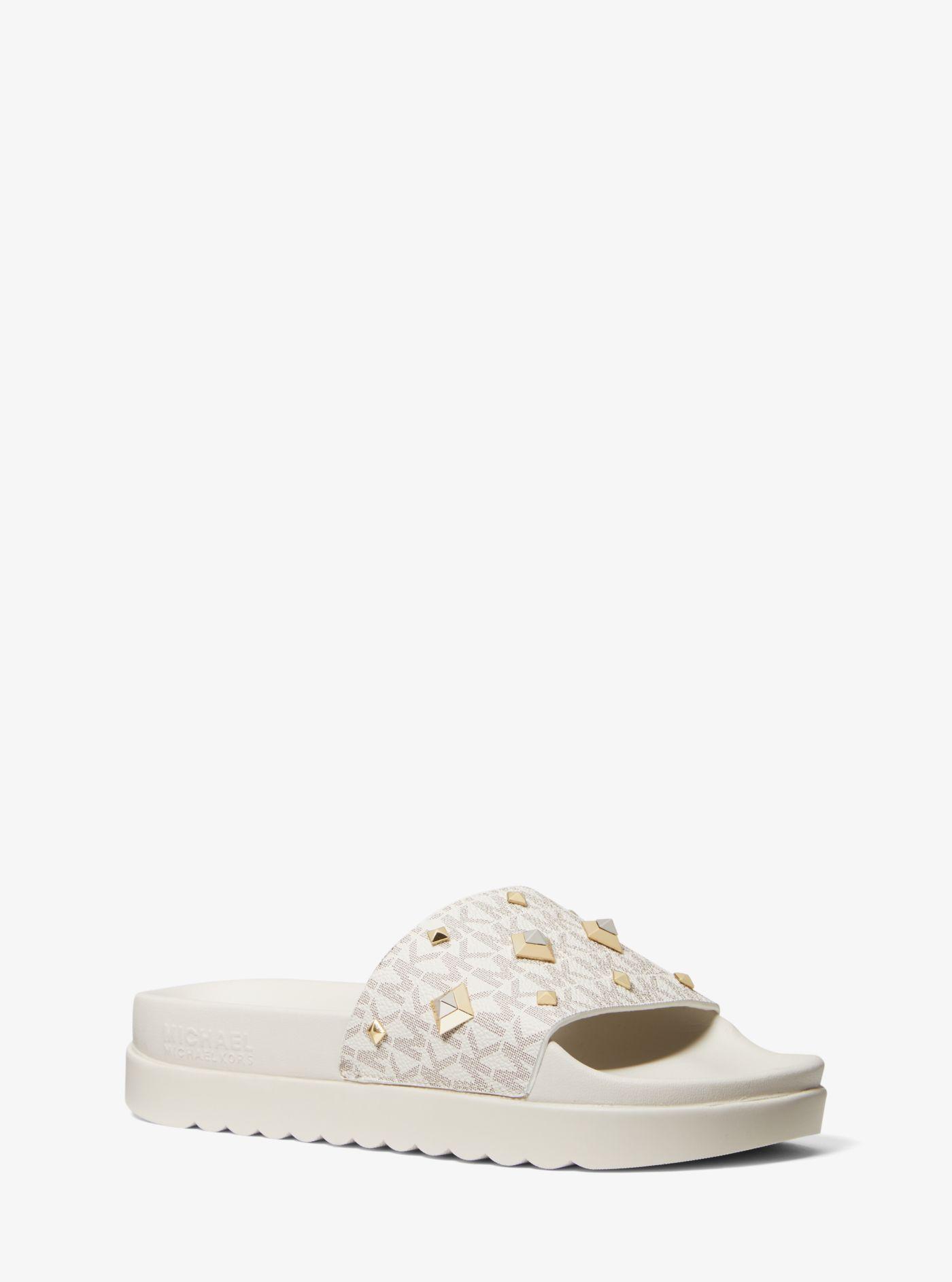 Michael Kors Canvas Tyra Studded Logo Slide Sandal | Lyst