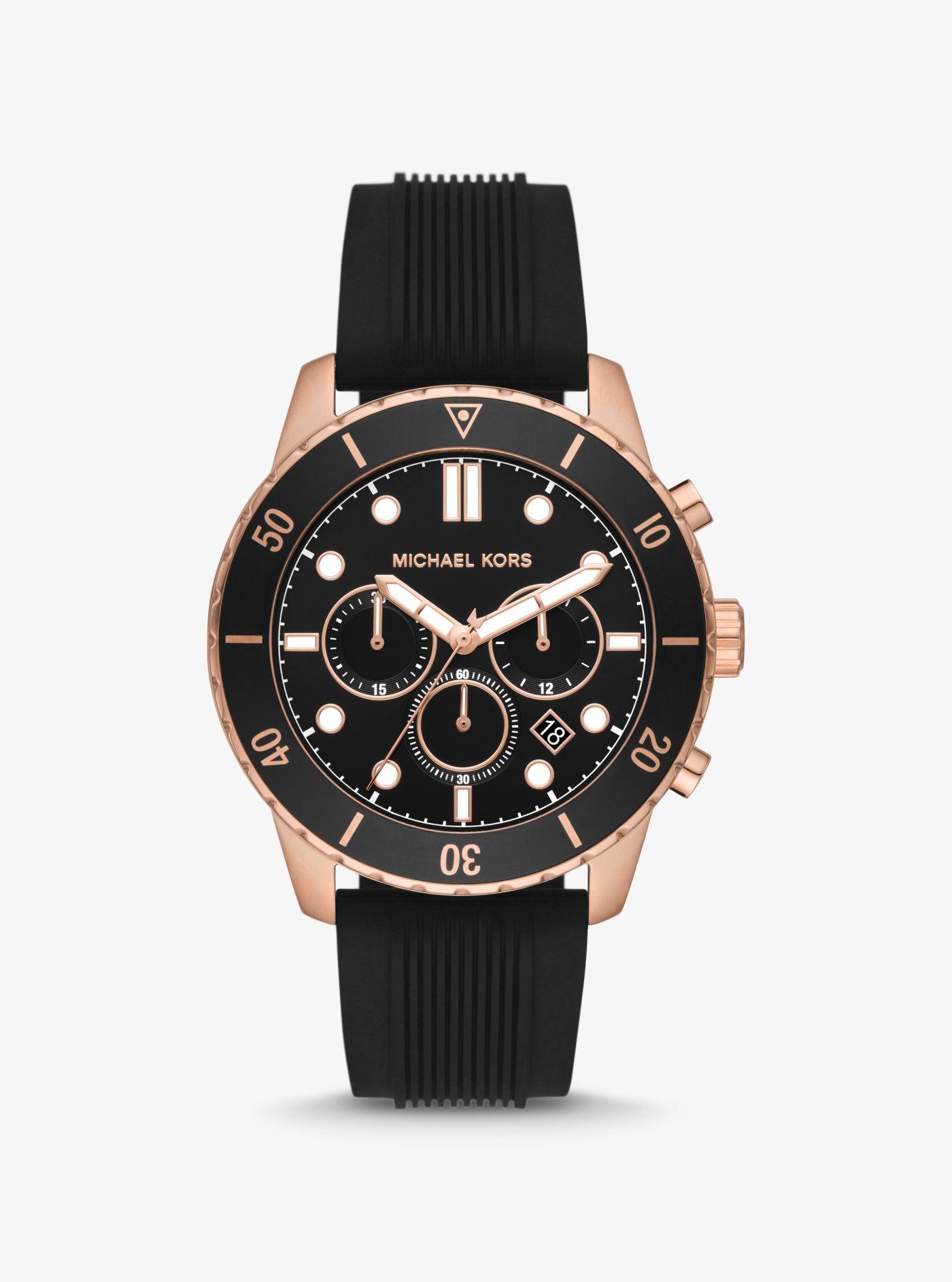 Michael Kors Oversized Cunningham Rose Gold-tone And Silicone Watch in Black  | Lyst