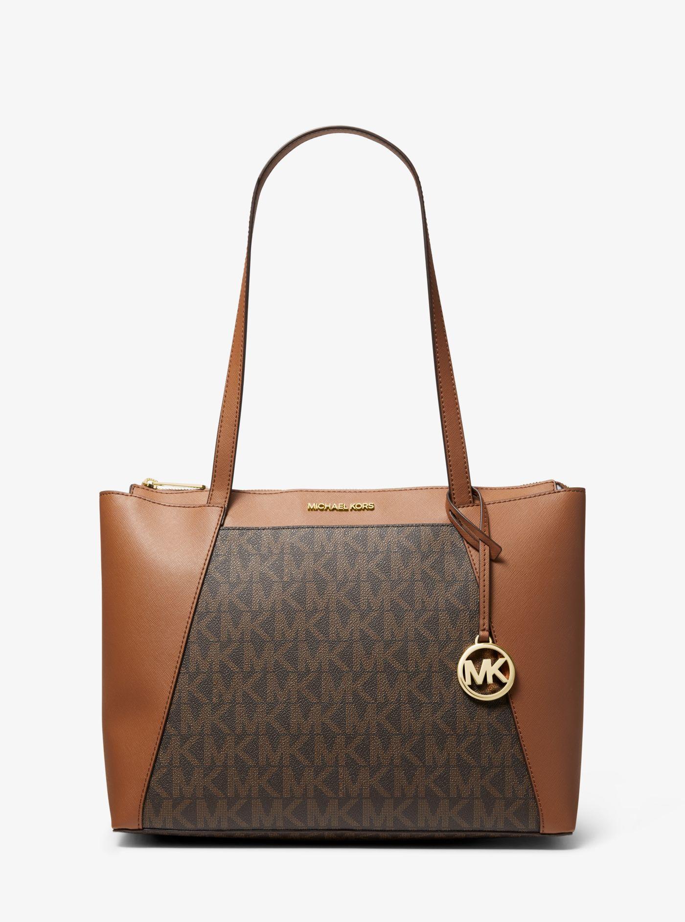 Michael Kors Maddie Medium Logo And Faux Leather Tote Bag in Brown | Lyst