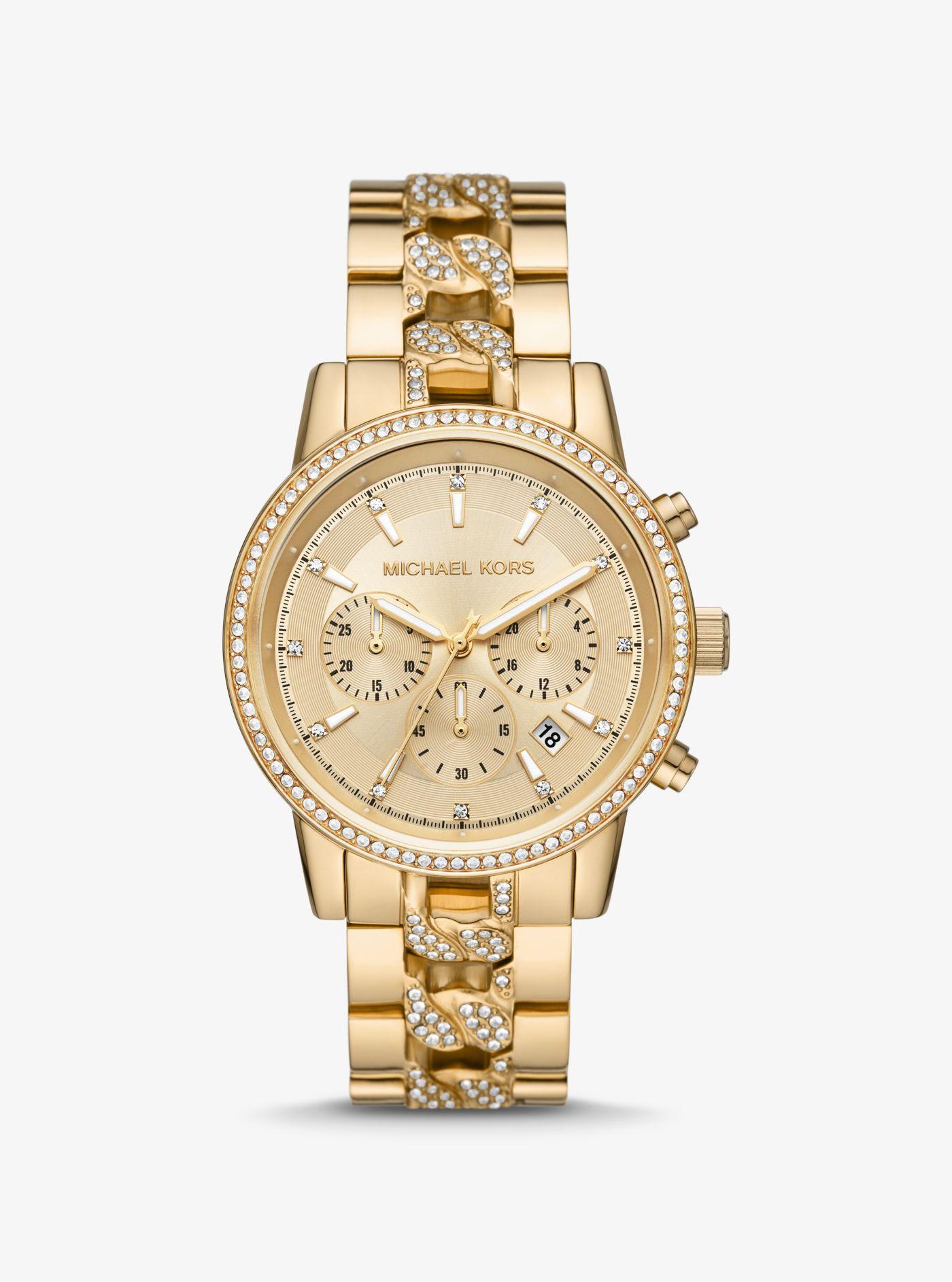 michael kors oversized ritz pavé gold tone curb link watch