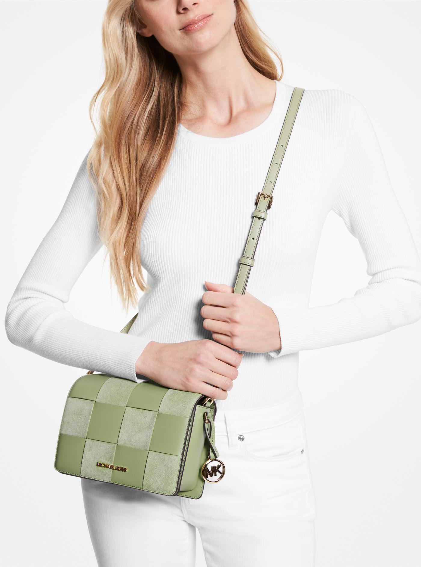 Michael Kors Mercer Small Woven Faux Leather And Suede Crossbody Bag in  Green | Lyst