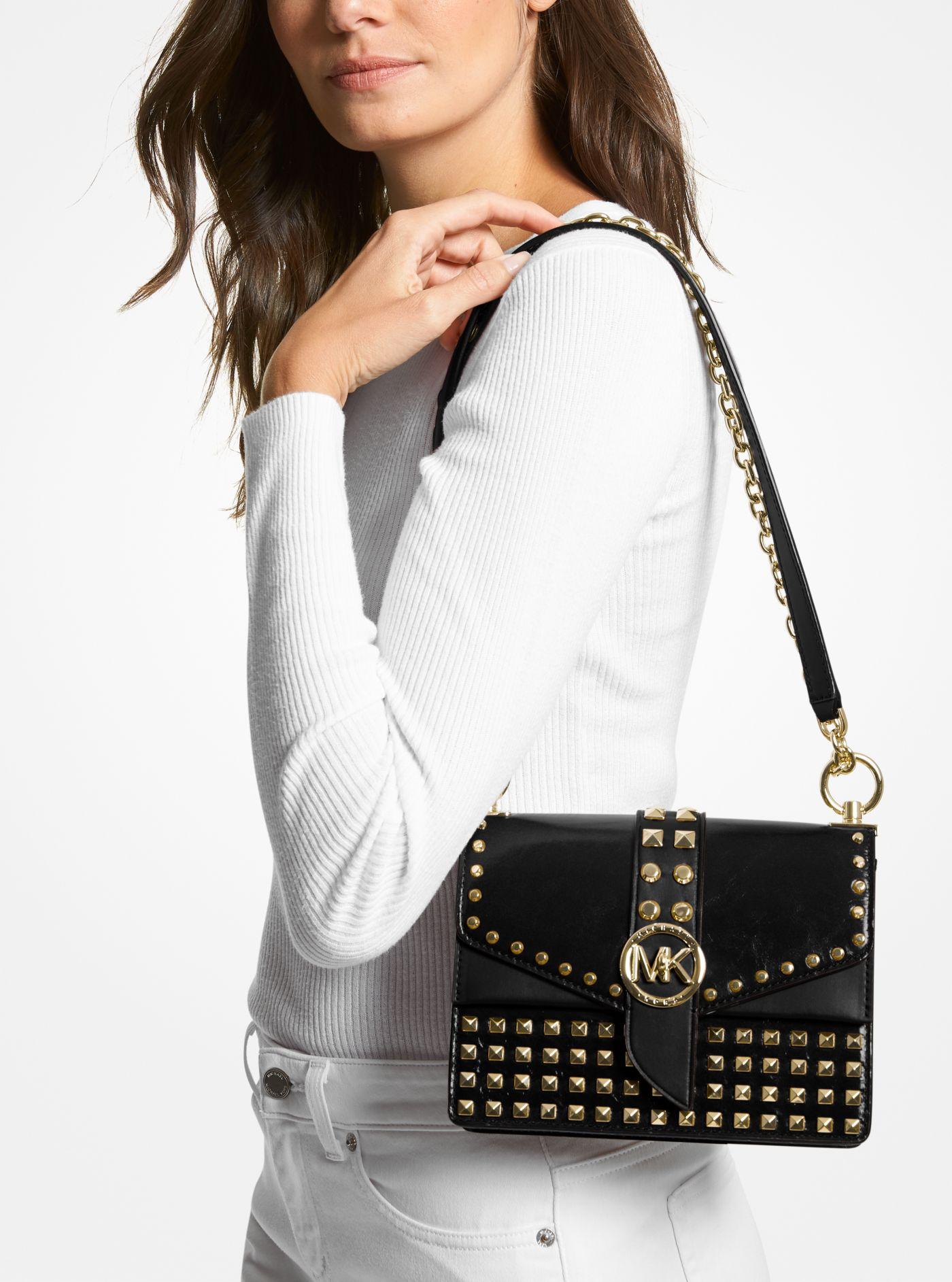 Michael Kors Greenwich Extra-small Studded Patent Leather Crossbody Bag in  Black | Lyst