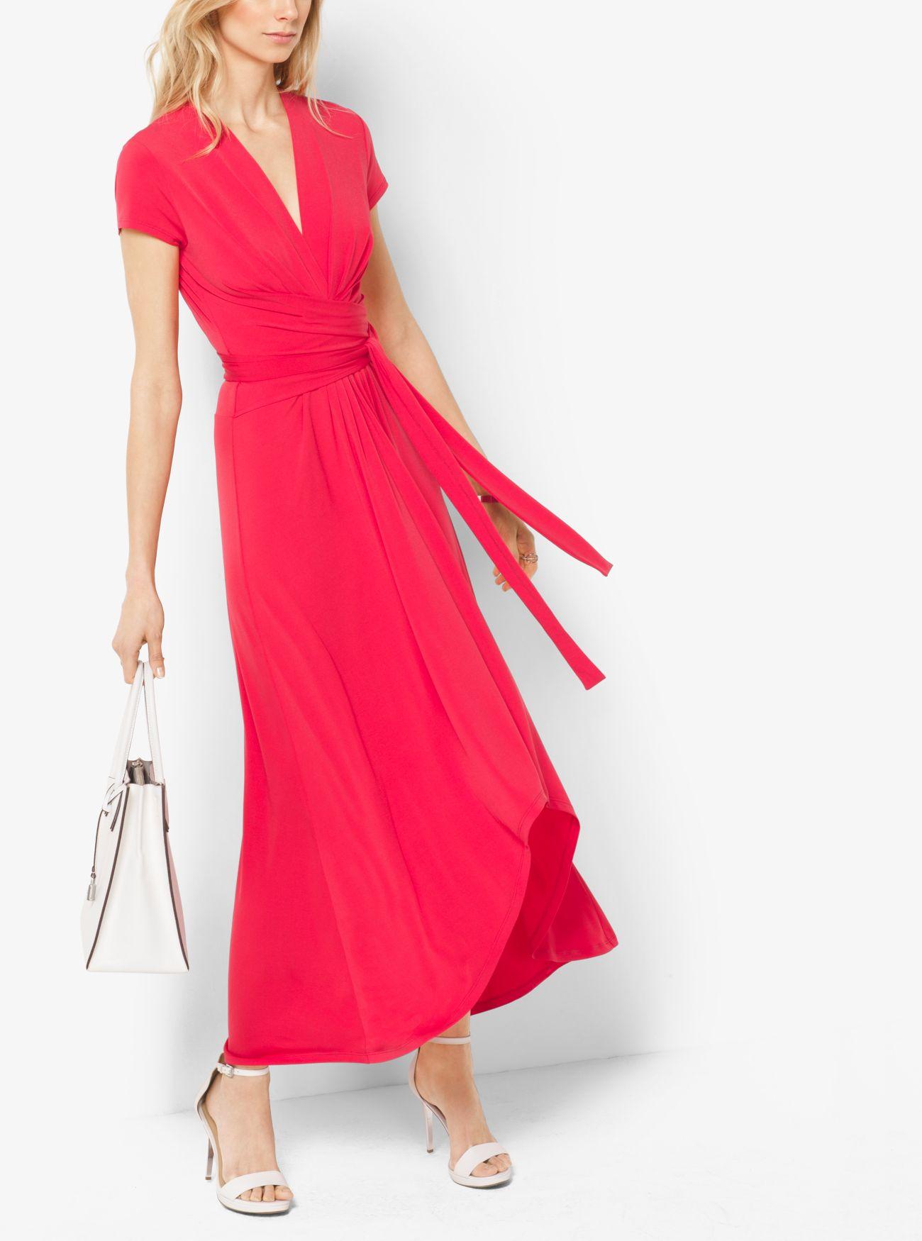 MICHAEL Michael Kors Synthetic Short Sleeve Maxi Wrap Dress in Red - Lyst