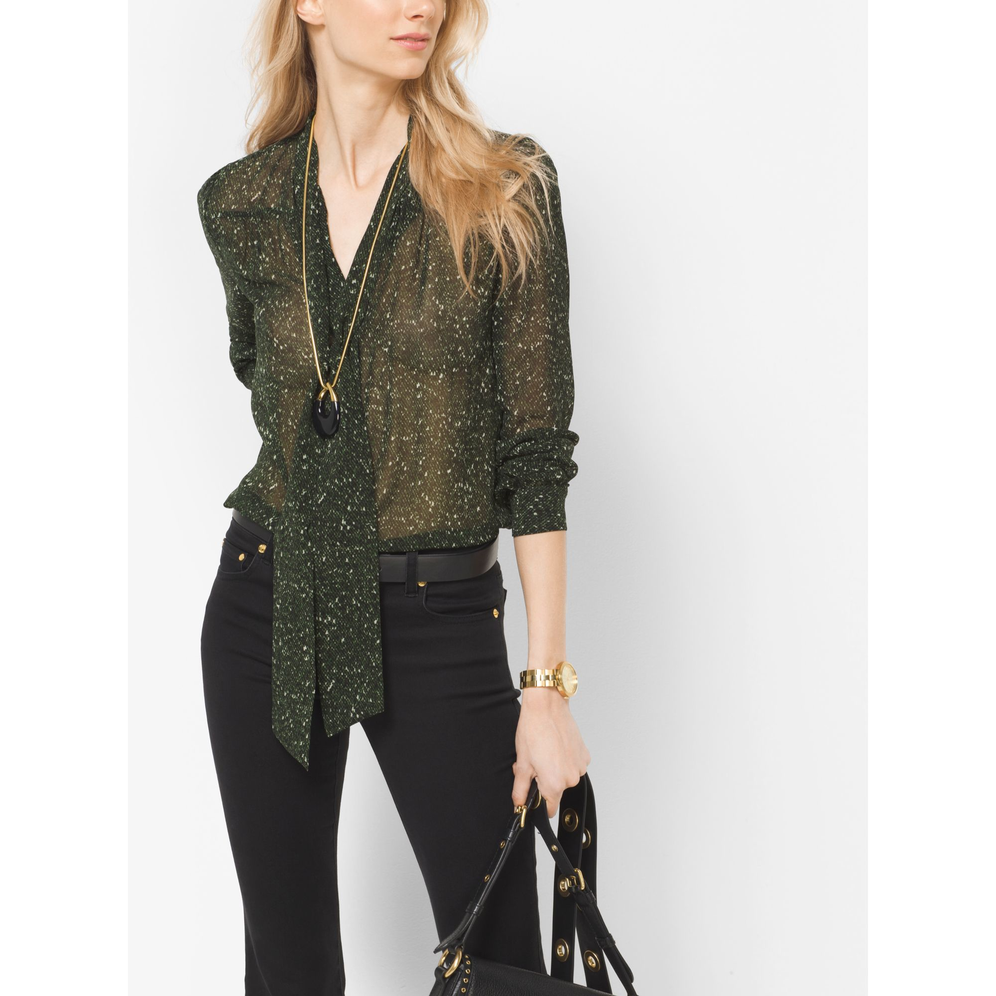 Michael Kors Tweed-print Chiffon Tie-neck Blouse in Moss (Green) - Lyst