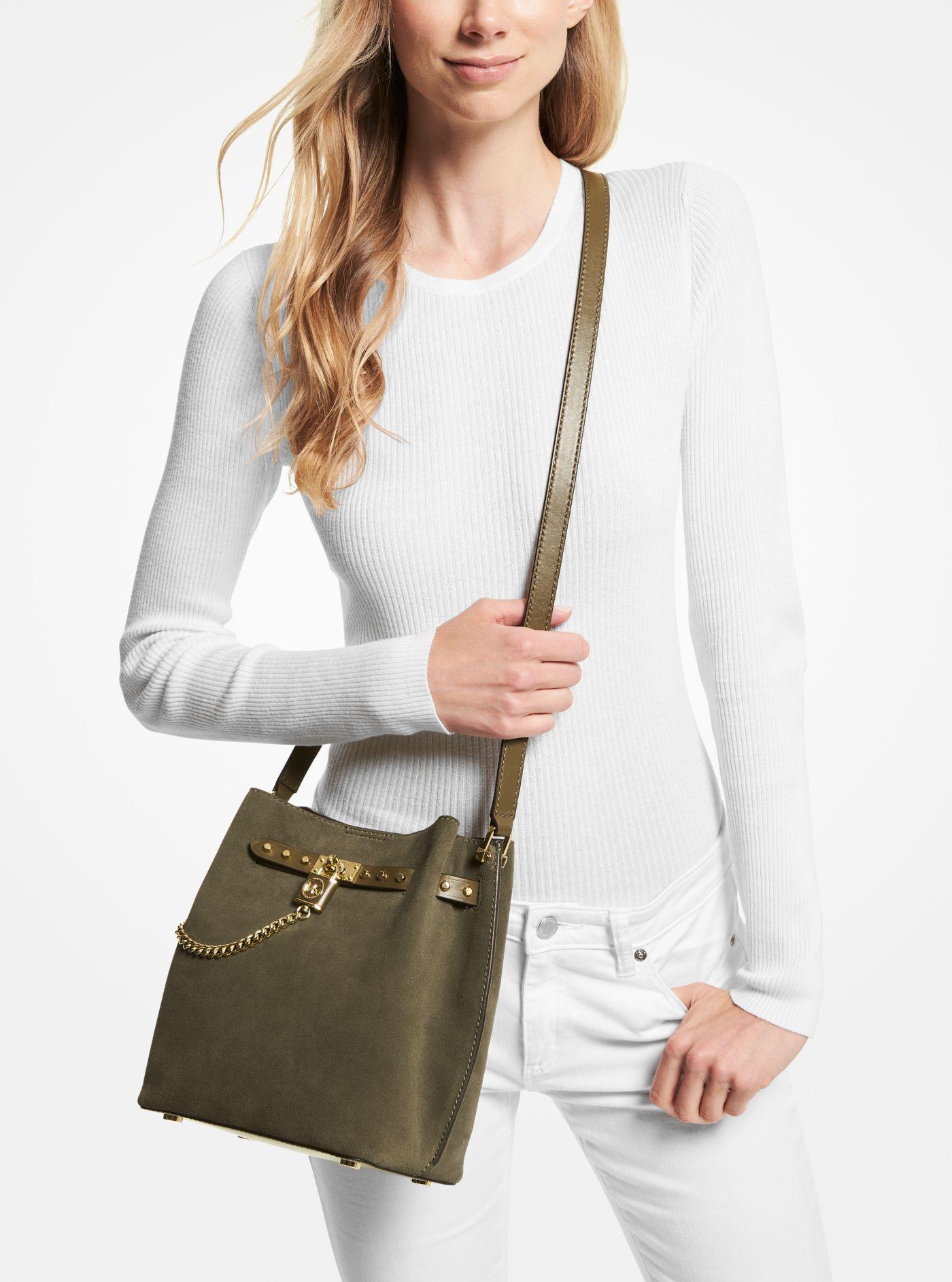 Michael Kors Hamilton Legacy Medium Suede Messenger Bag in Green | Lyst