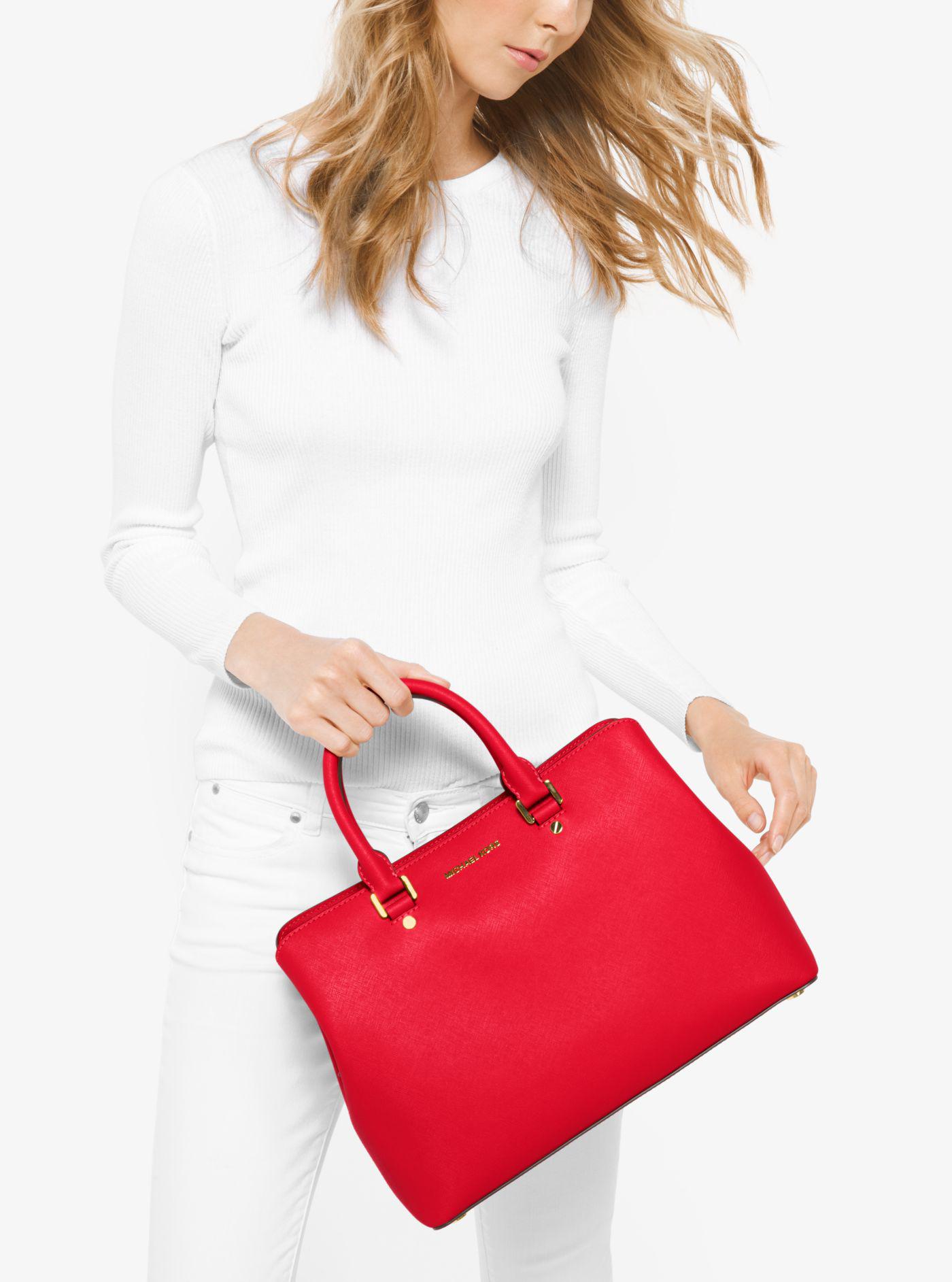 Michael Kors Savannah Large Saffiano Leather Satchel in Red | Lyst