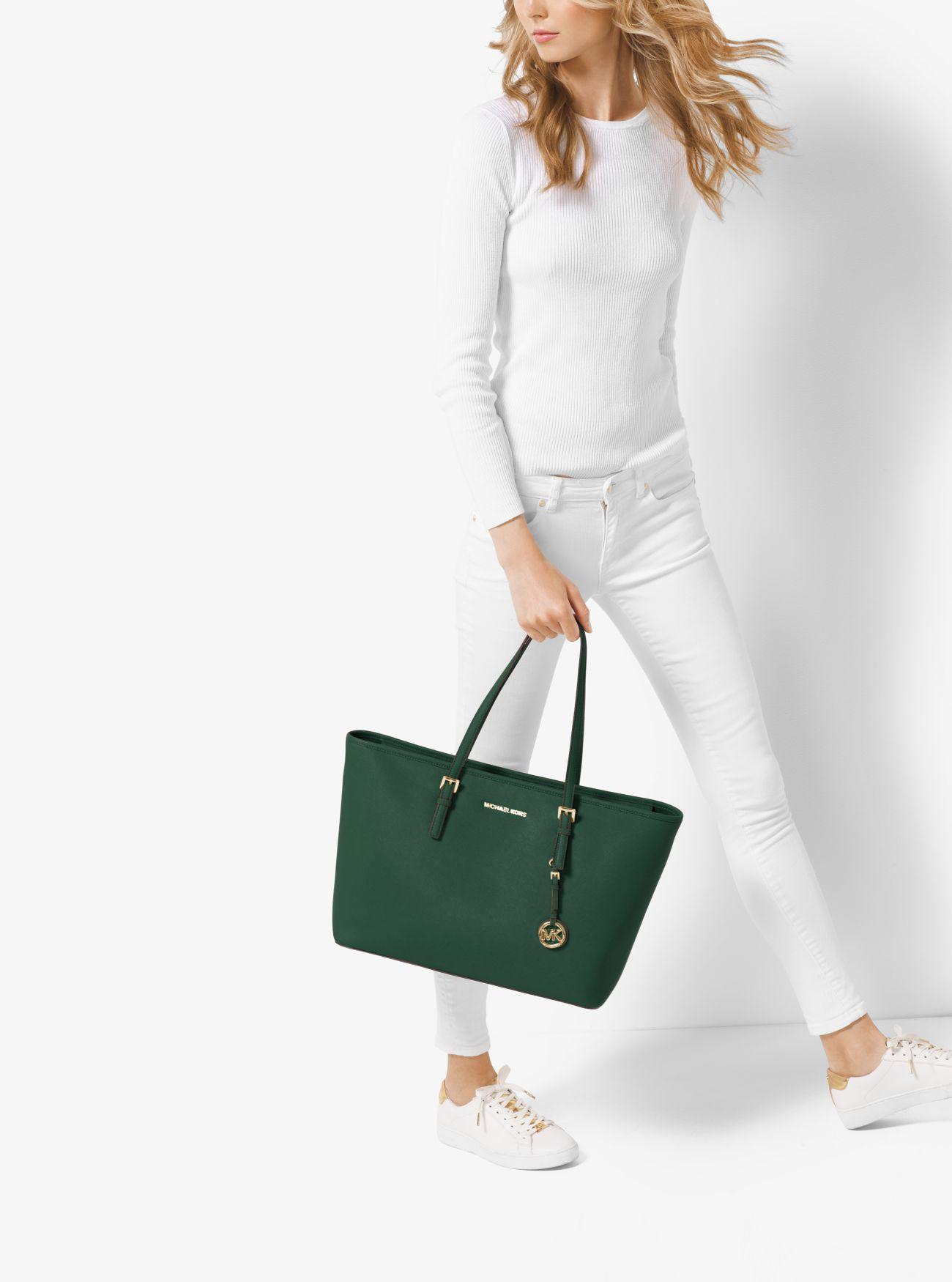 Michael Kors Jet Set Travel Large Saffiano Leather Top-zip Tote in Moss  (Green) | Lyst UK