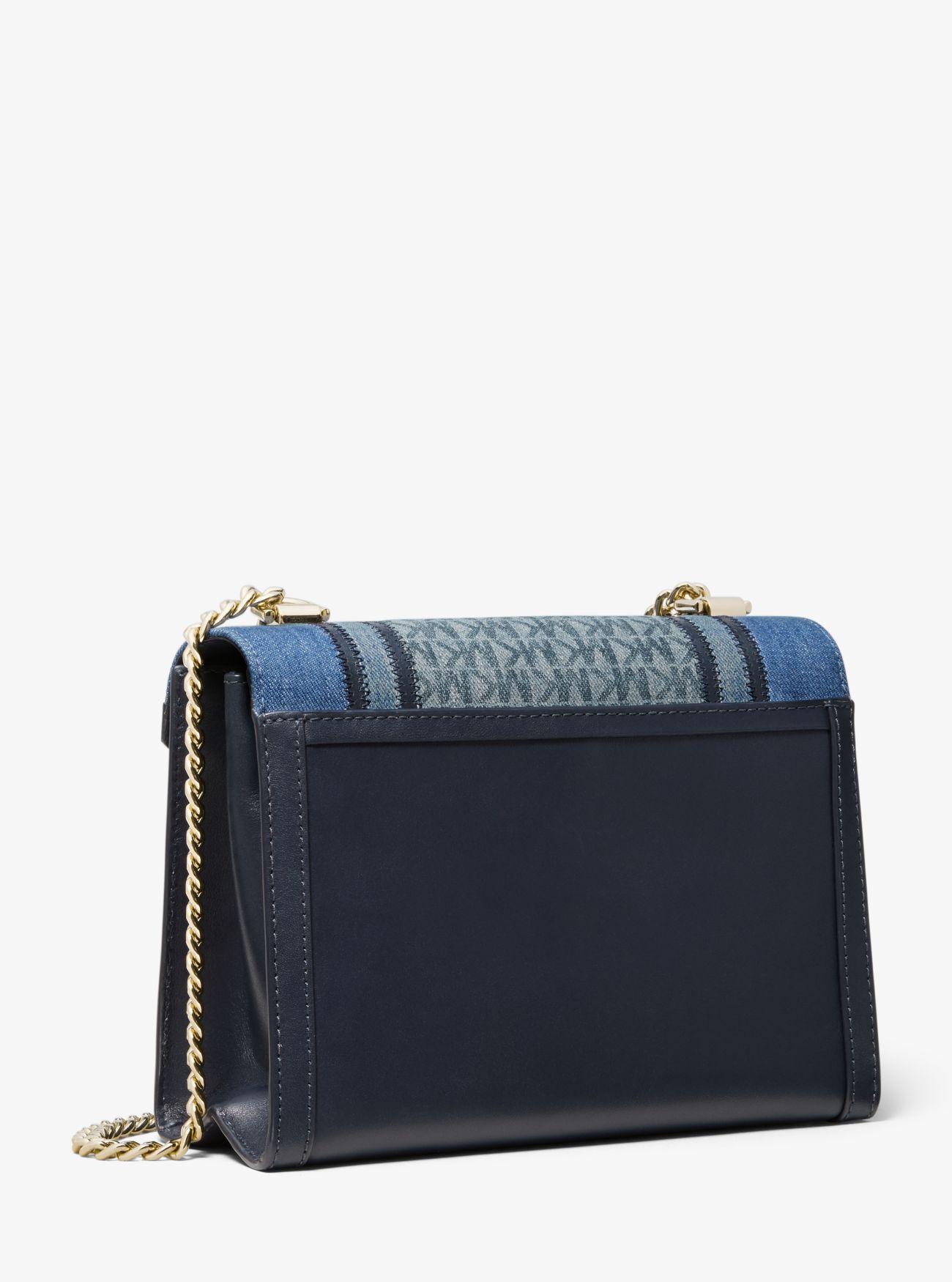 whitney large denim logo and leather tote