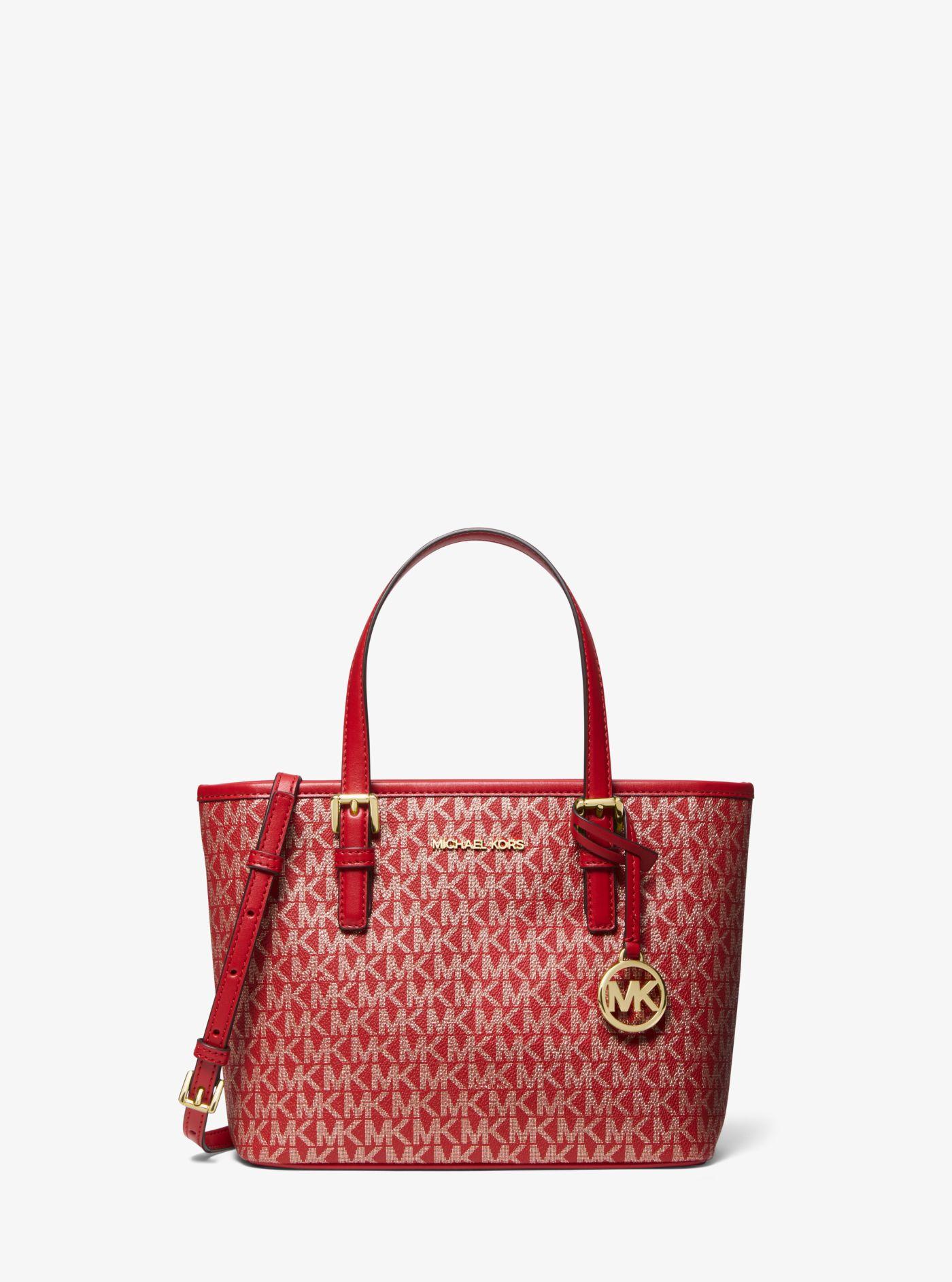 Michael Kors Jet Set Travel Extrasmall Metallic Logo Topzip Tote Bag in Red Lyst