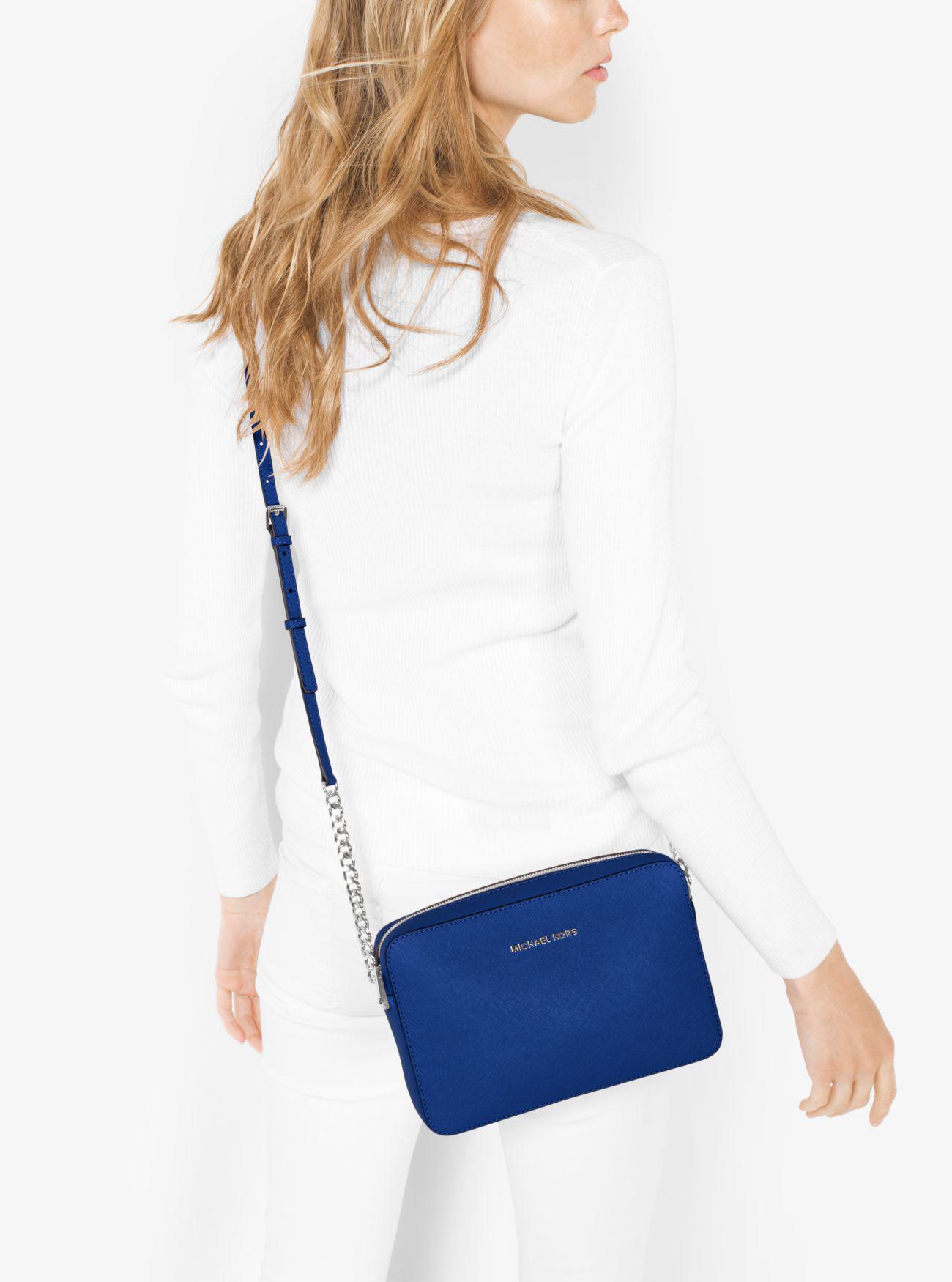 Michael Kors Jet Set Large Saffiano Leather Crossbody Bag in Blue | Lyst