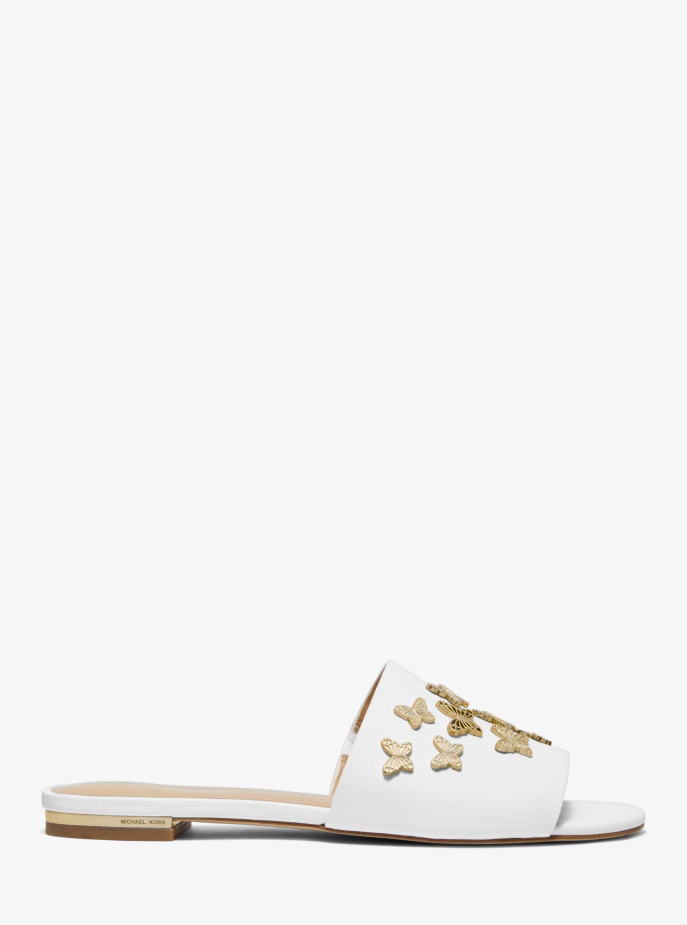 lacey butterfly embellished leather slide sandal