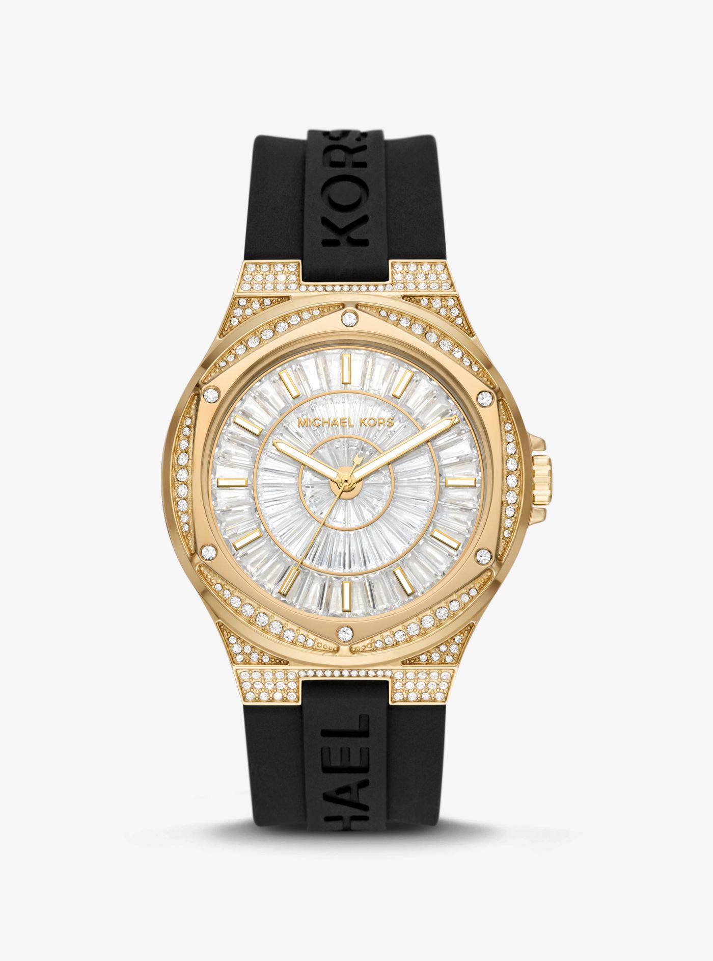 Michael Kors Oversized Lennox Pavé Gold-tone And Silicone Watch in Black |  Lyst