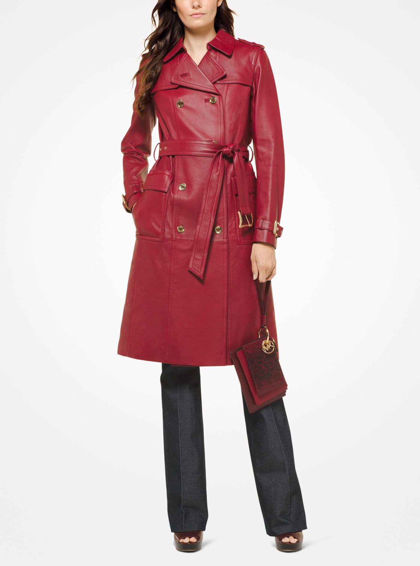 Michael Kors Leather Trench Coat in Red | Lyst