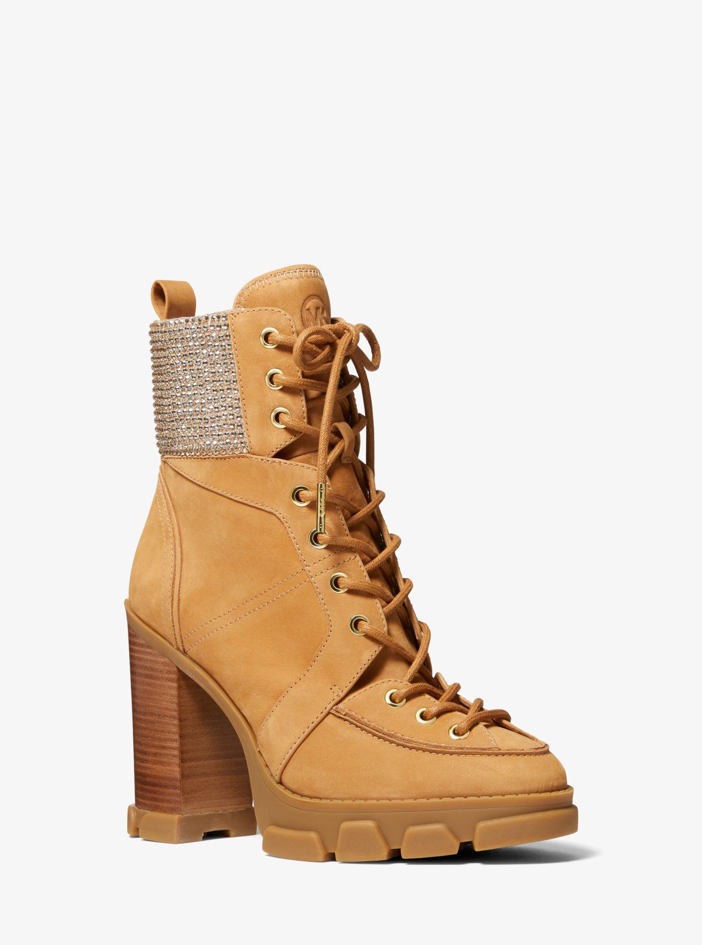 Michael Kors Ridley Embellished Nubuck Lace-up Boot in Brown | Lyst
