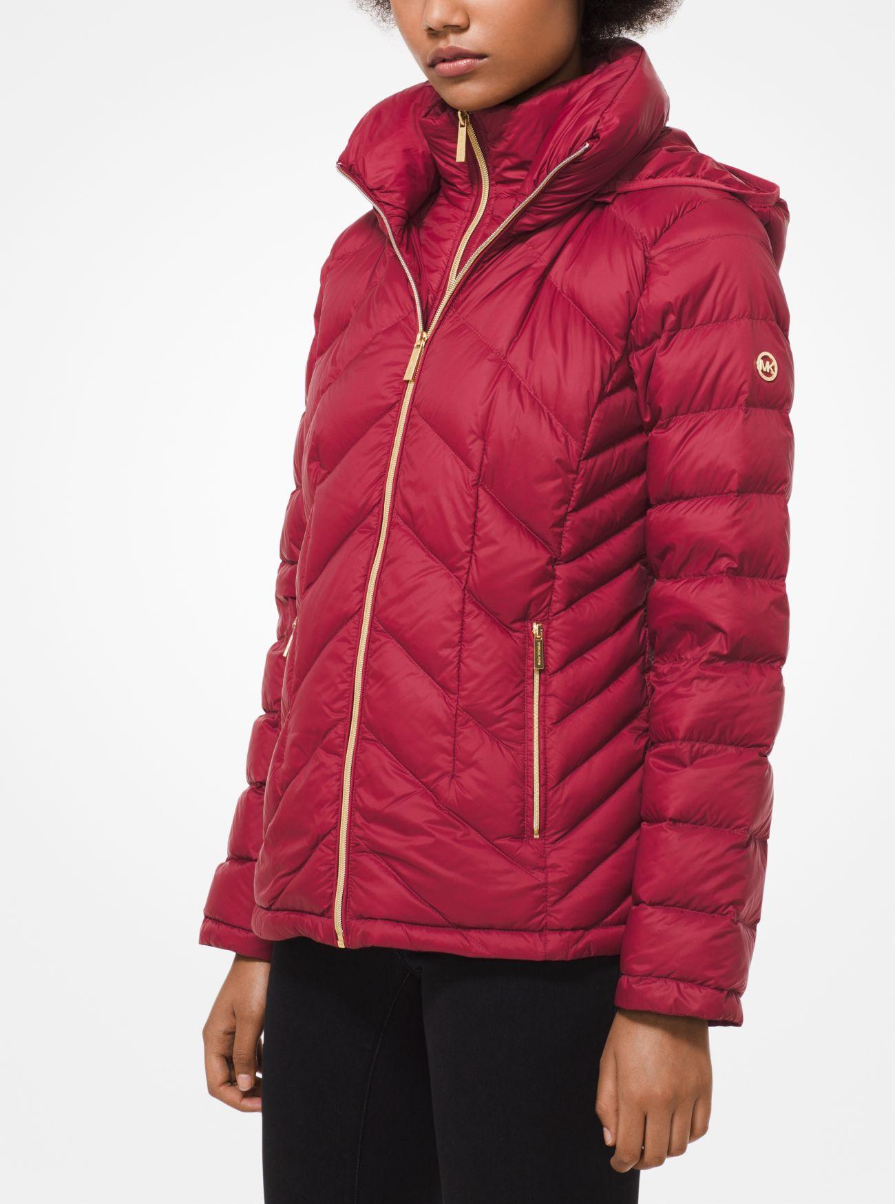 quilted nylon packable hooded puffer jacket