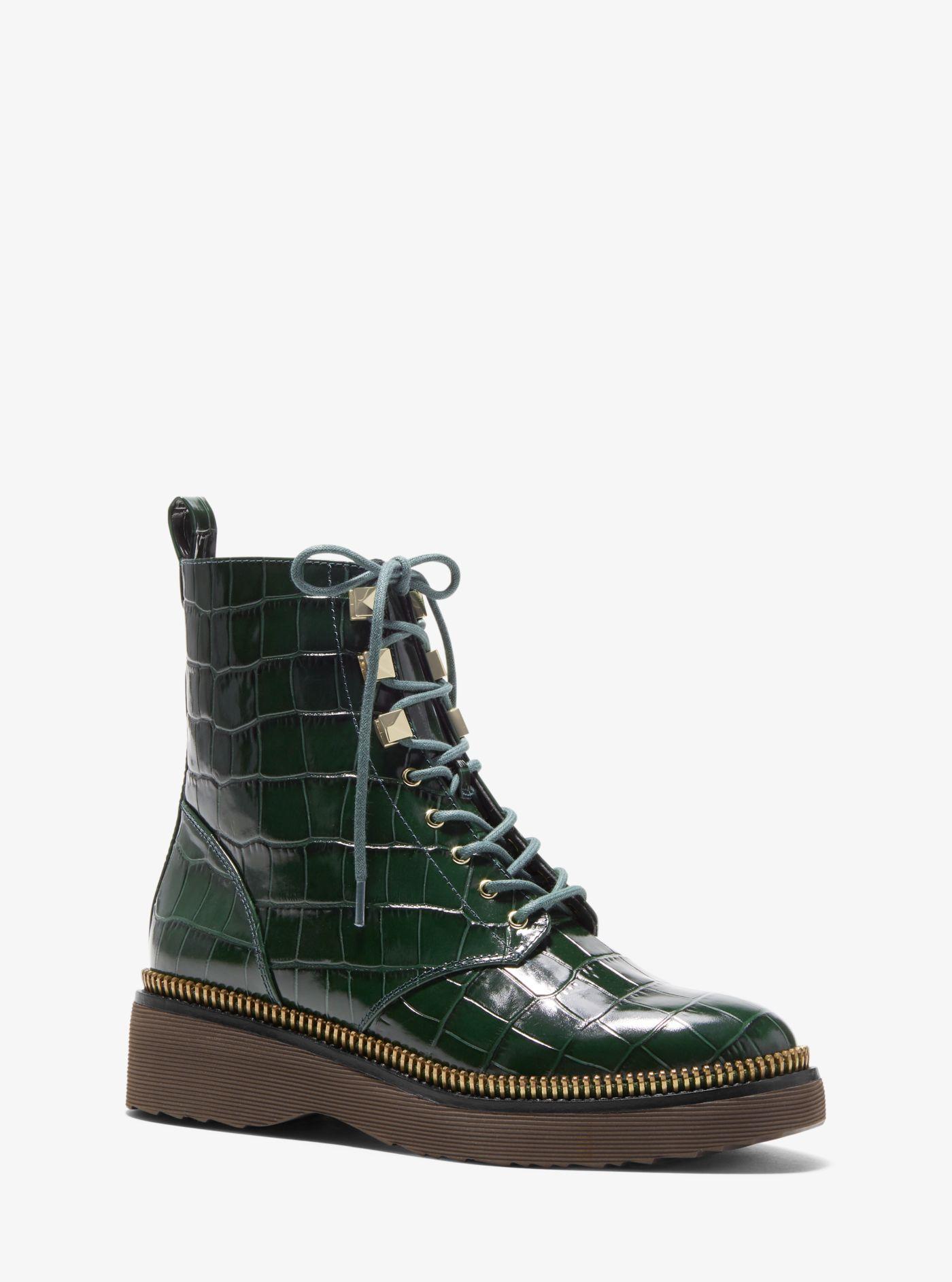 Michael Kors Haskell Crocodile Embossed Leather Combat Boot in Green | Lyst
