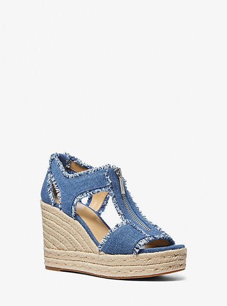 MICHAEL Michael Kors Mk Berkley Frayed Denim Wedge Sandal in Blue | Lyst UK