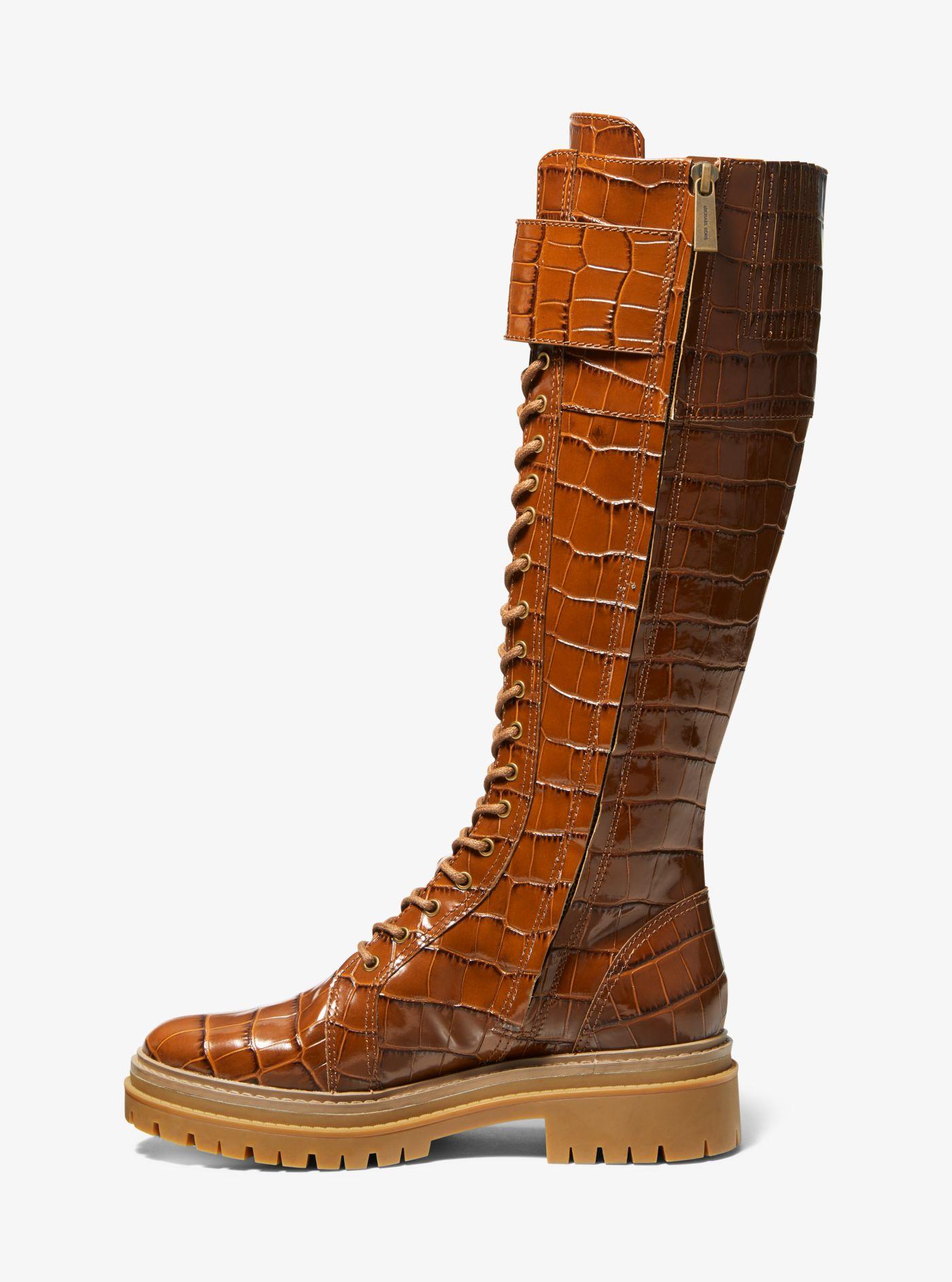 Michael Kors Stark Crocodile Embossed Leather Combat Boot in Brown | Lyst