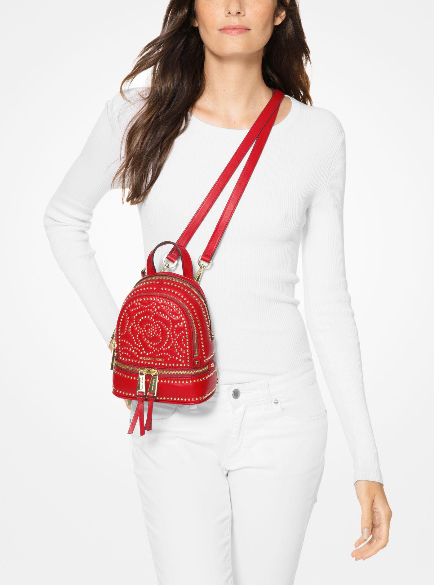 Michael Kors Rhea Mini Rose Studded Leather Backpack in Red | Lyst