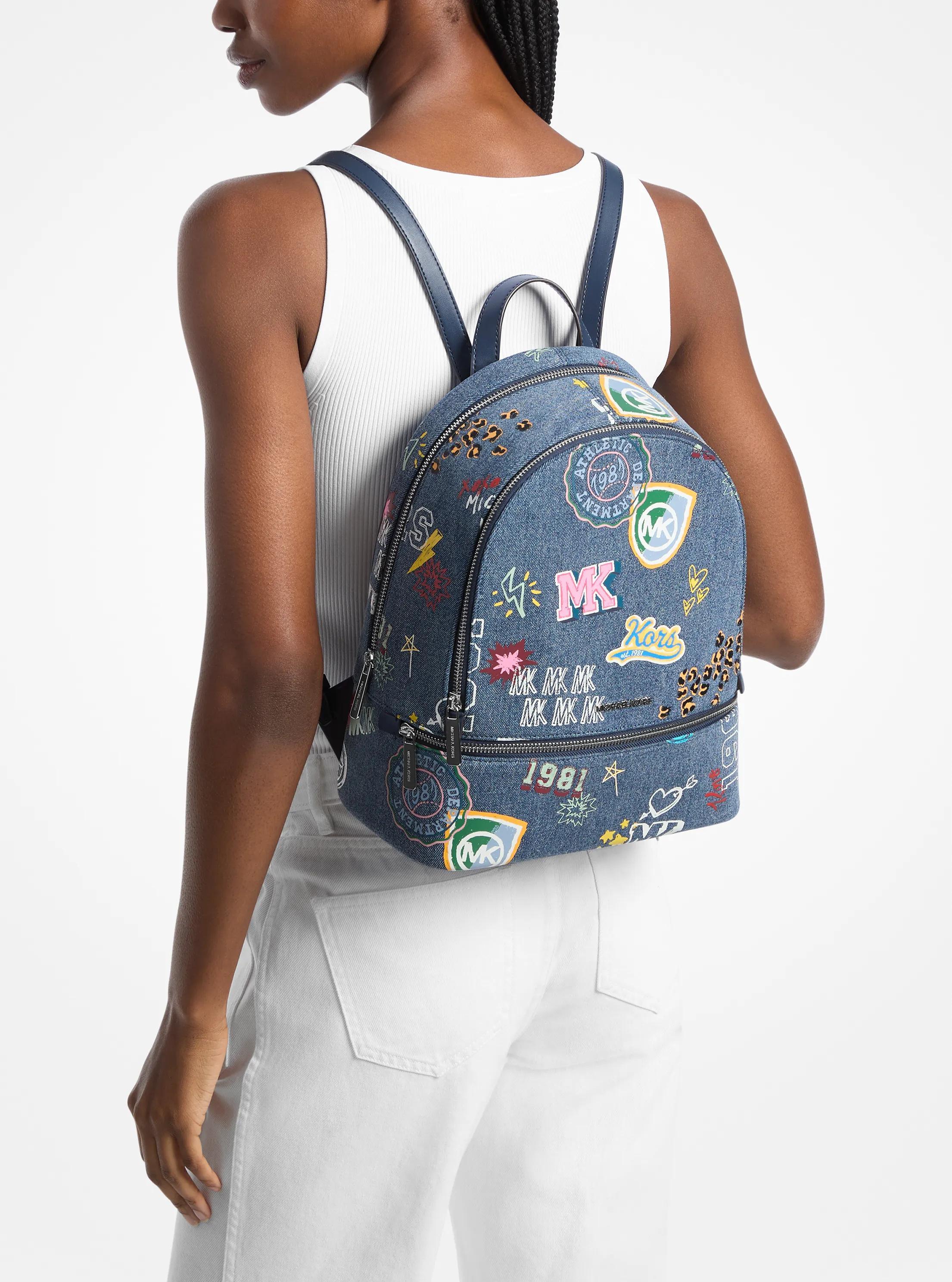 Michael Kors Denim Blue MK Monogram Rhea Backpack Medium cream new Michael Kors Rhea Medium Logo Jacquard Denim Backpack in  main image 2
