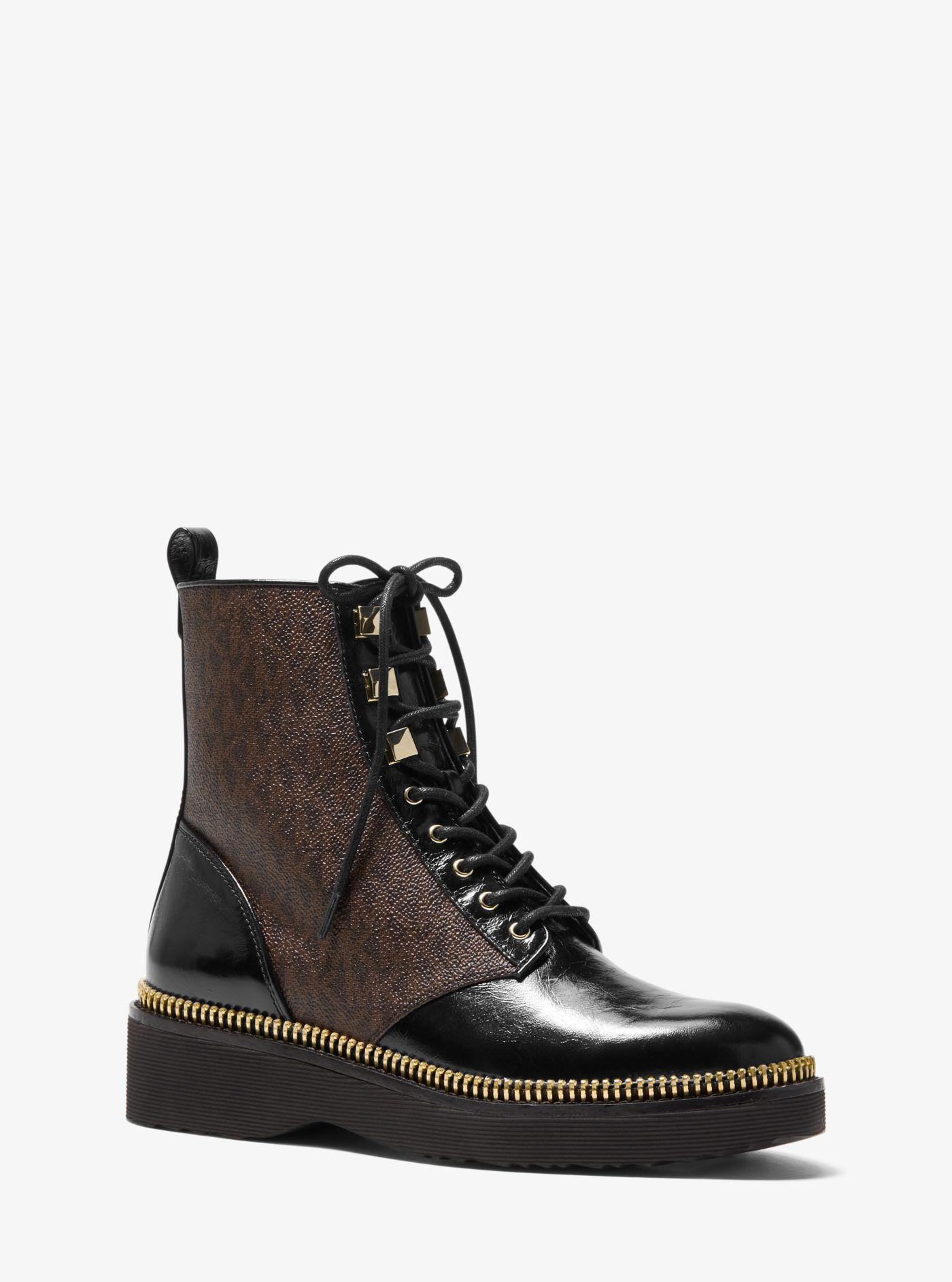 Michael Kors Haskell Crinkled Leather And Logo Combat Boot in Brown - Lyst