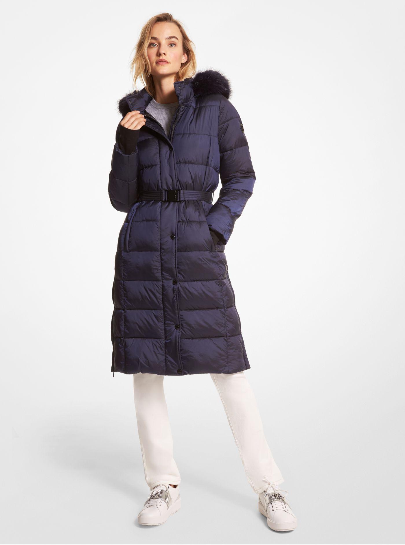 Michael Kors Synthetic Quilted Nylon Belted Puffer Coat in Navy (Blue ...