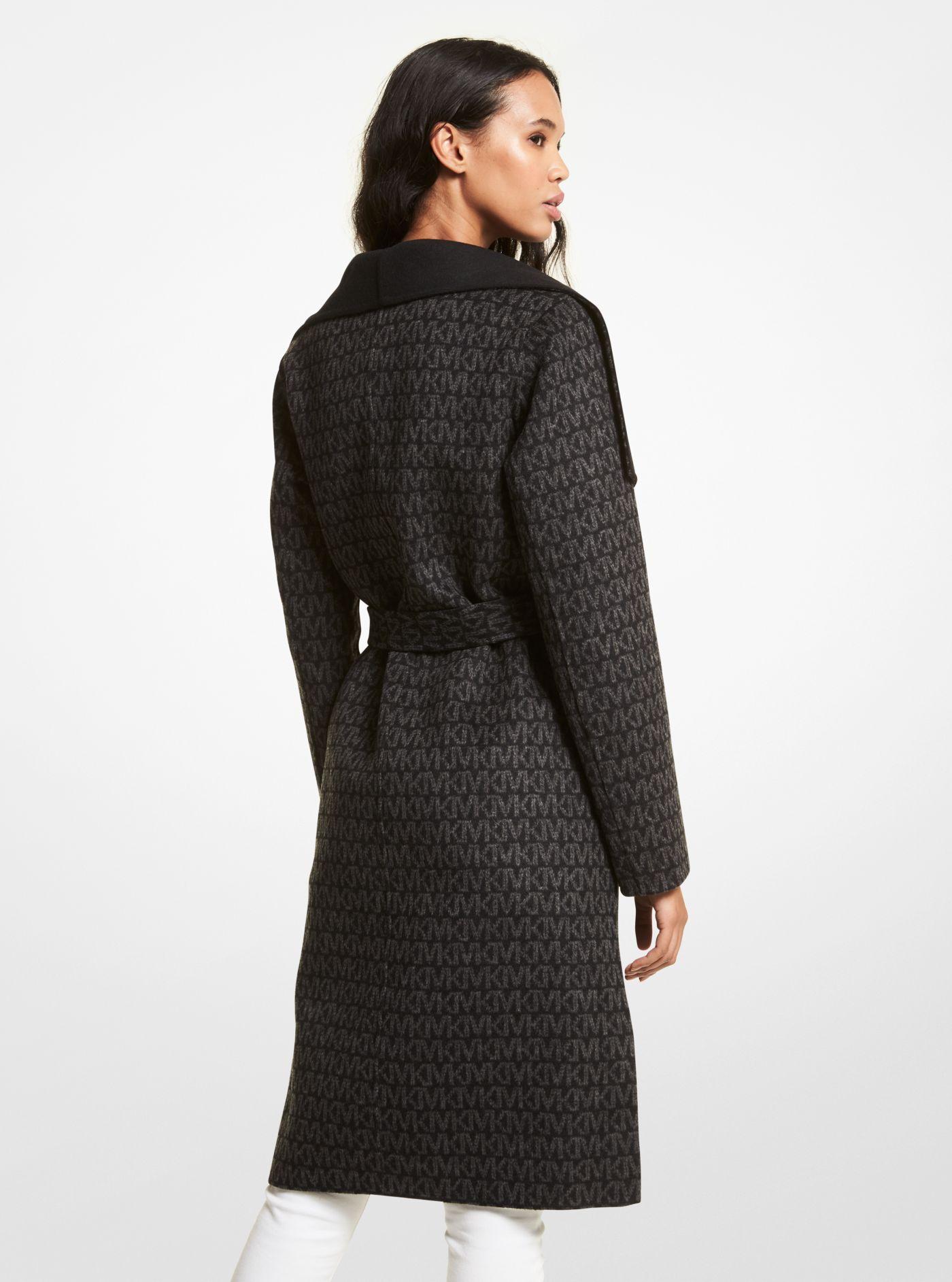 Michael Kors Wool Blend Logo Jacquard Wrap Coat in Black | Lyst